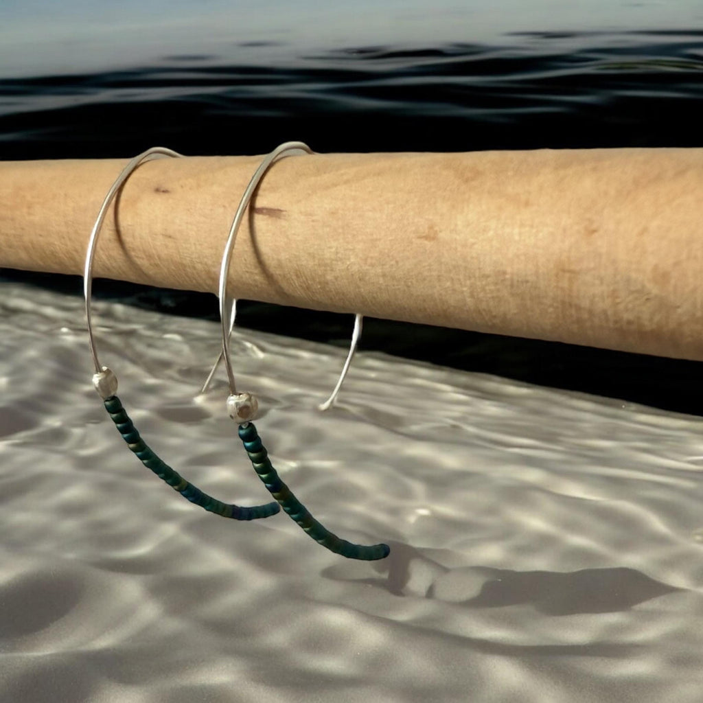 Deep Current Earrings – Forest Curve + Silver Flow