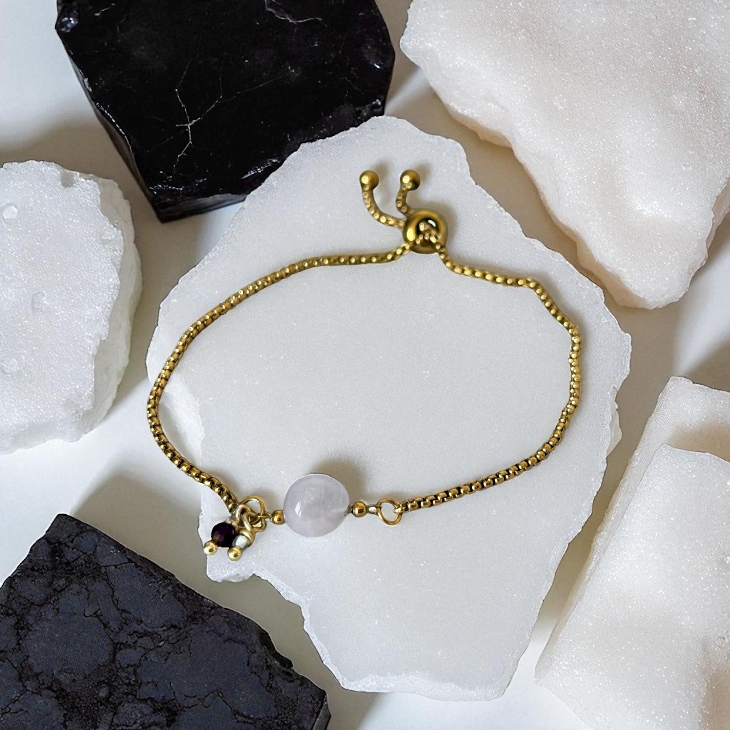 Gold Gemstone Bolo Chain Bracelet – Turquoise, Rose Quartz, or Red Jasper