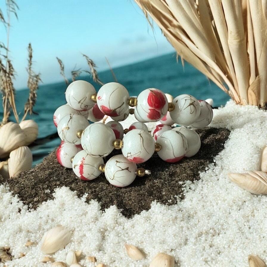 Bold Red & White Marbled Bead Stretch Bracelet with Gold Accents
