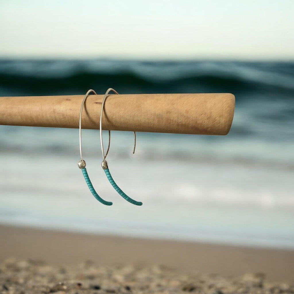 Sea Arc Earrings – Aqua Curve + Silver Drop