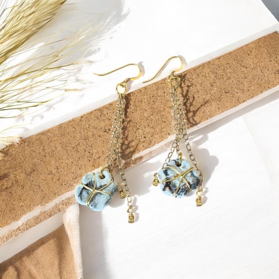 White, Blue & Gold Ceramic Floral Drop Earrings