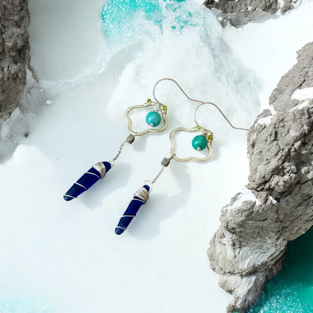 Sapphire Sea Glass Spire Drop Earrings