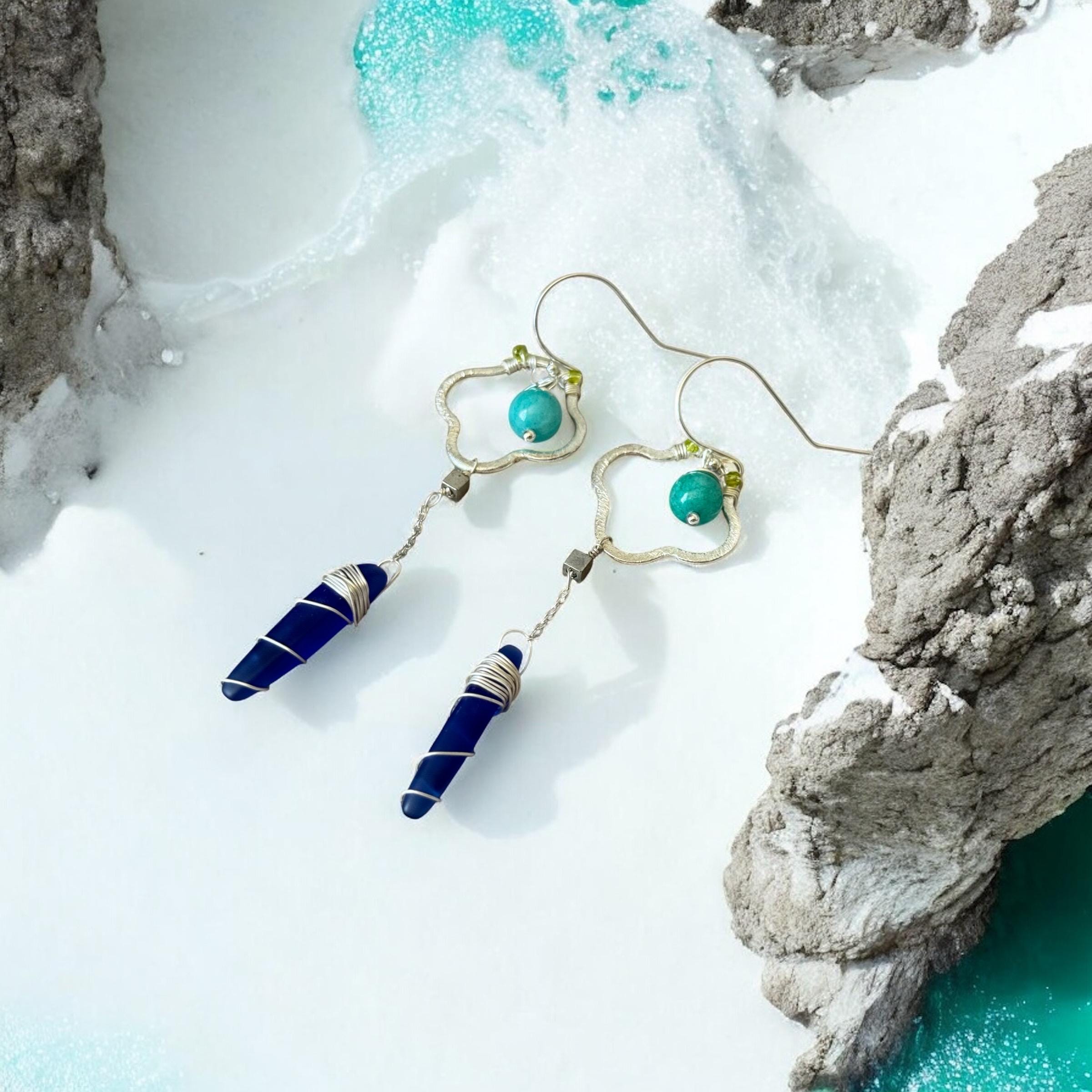 Sapphire Sea Glass Spire Drop Earrings