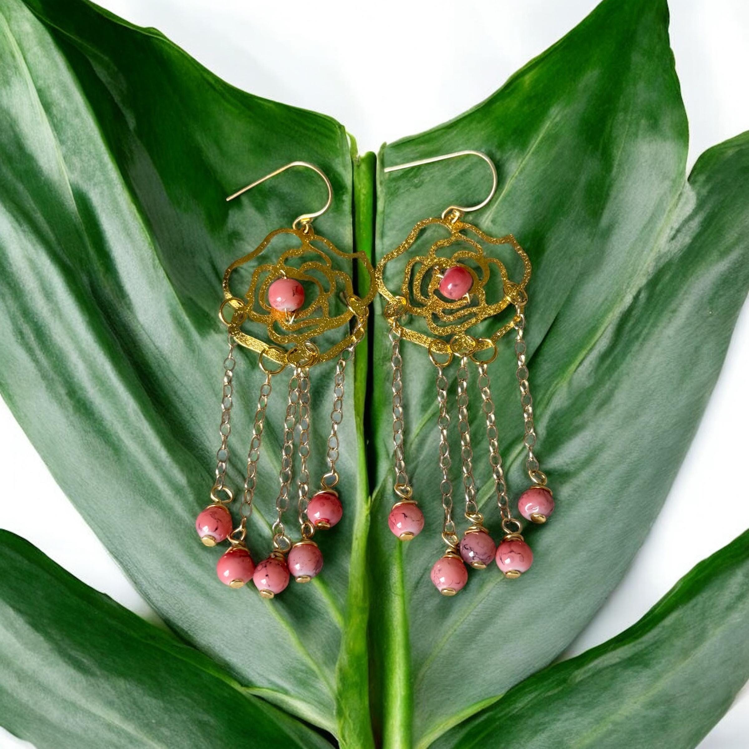 Rosé Dangles – Luxe Gold & Pink Chain Statement Earrings