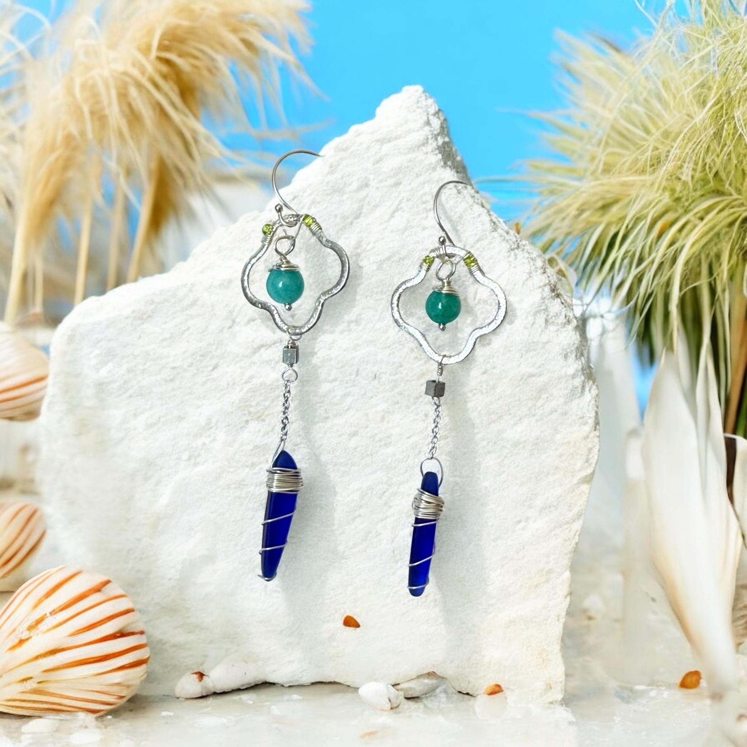 Sapphire Sea Glass Spire Drop Earrings