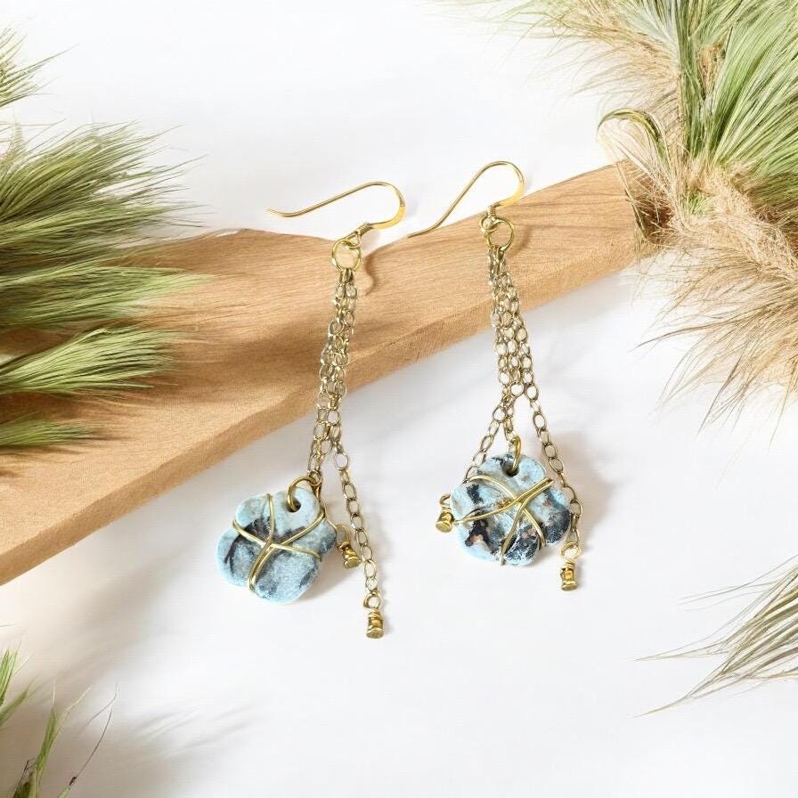 White, Blue & Gold Ceramic Floral Drop Earrings