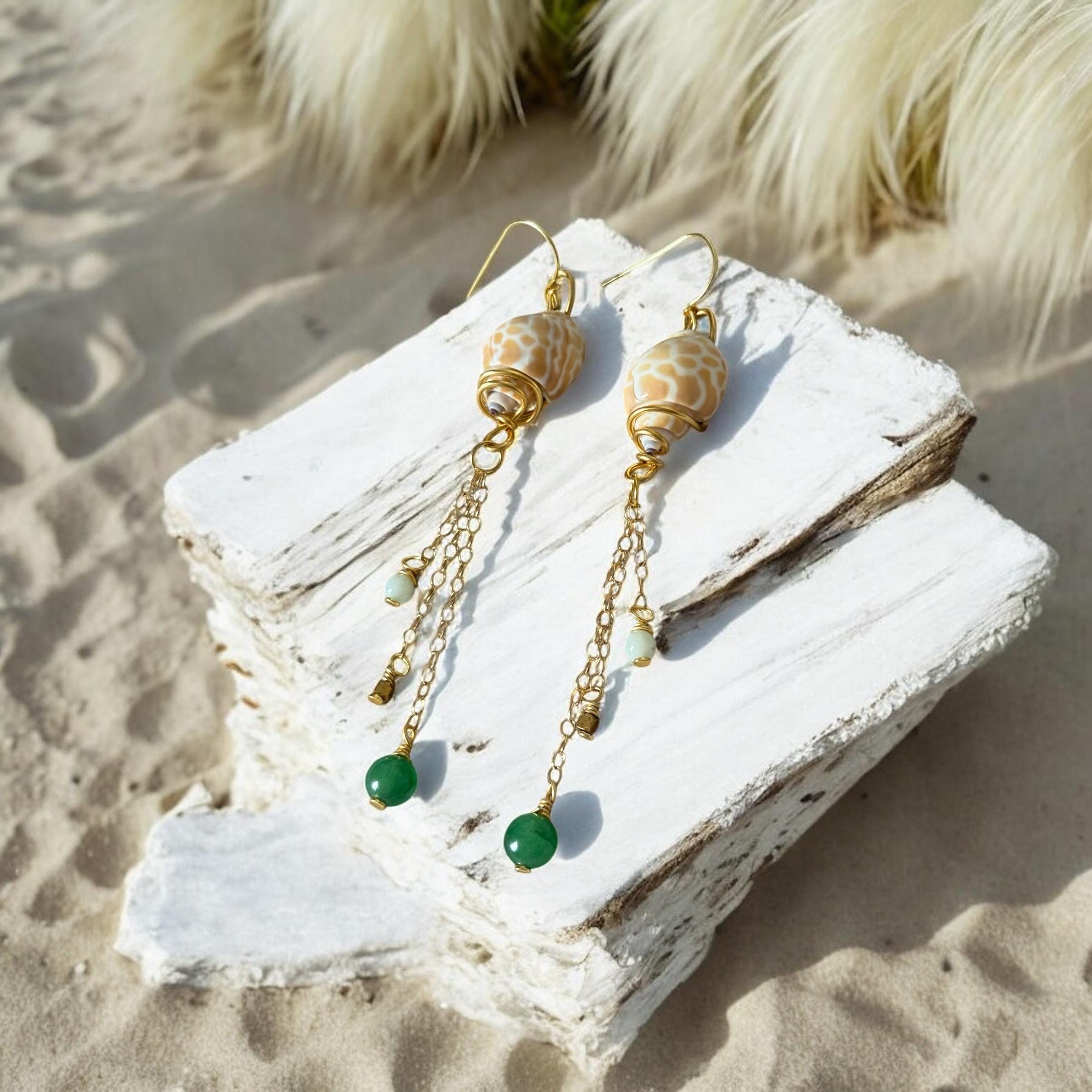 Desert Mermaid Drops – Shell & Gold Chain Earrings with Jade Charms