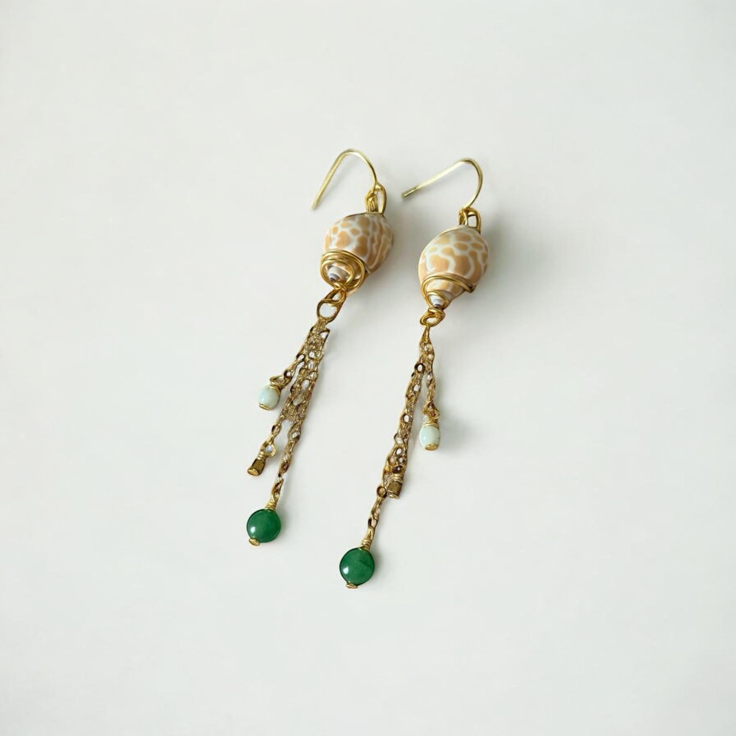 Desert Mermaid Drops – Shell & Gold Chain Earrings with Jade Charms