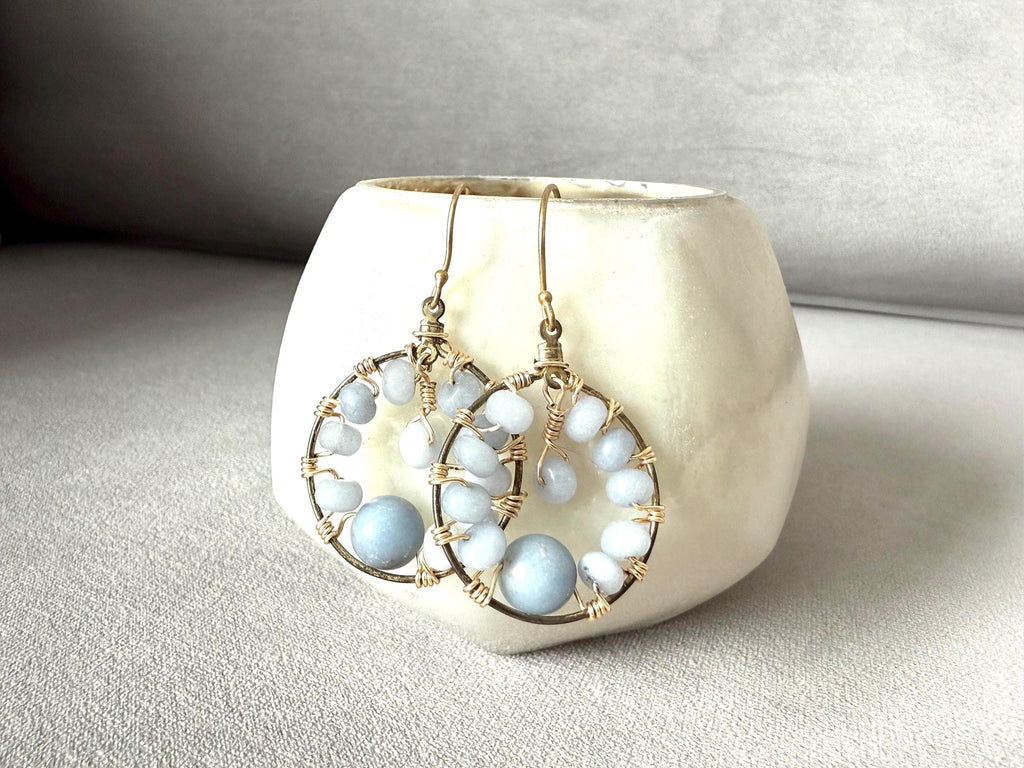 Gold Hoop Earrings with Wire Wrapped Blue Stones
