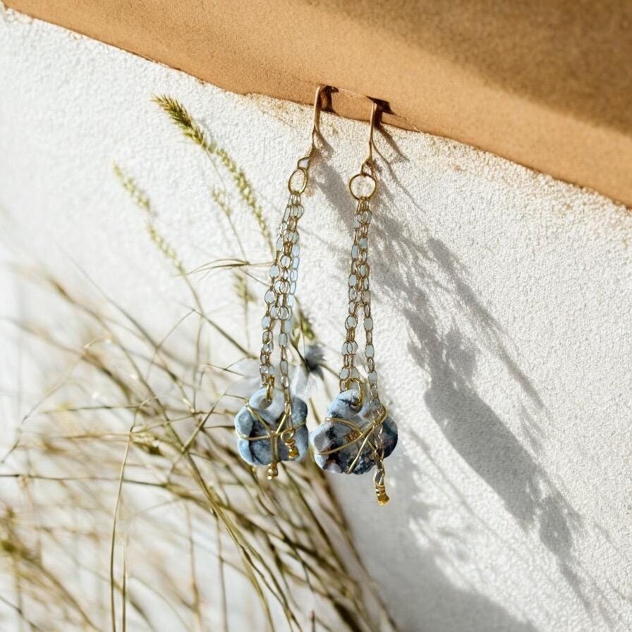 White, Blue & Gold Ceramic Floral Drop Earrings