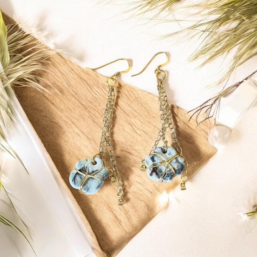 White, Blue & Gold Ceramic Floral Drop Earrings