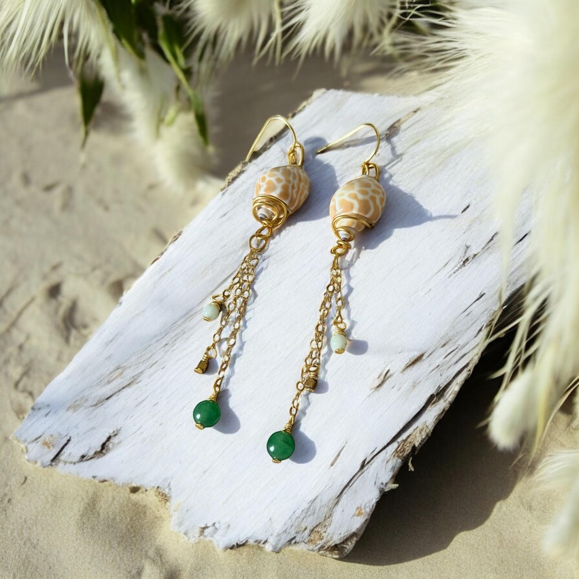 Desert Mermaid Drops – Shell & Gold Chain Earrings with Jade Charms