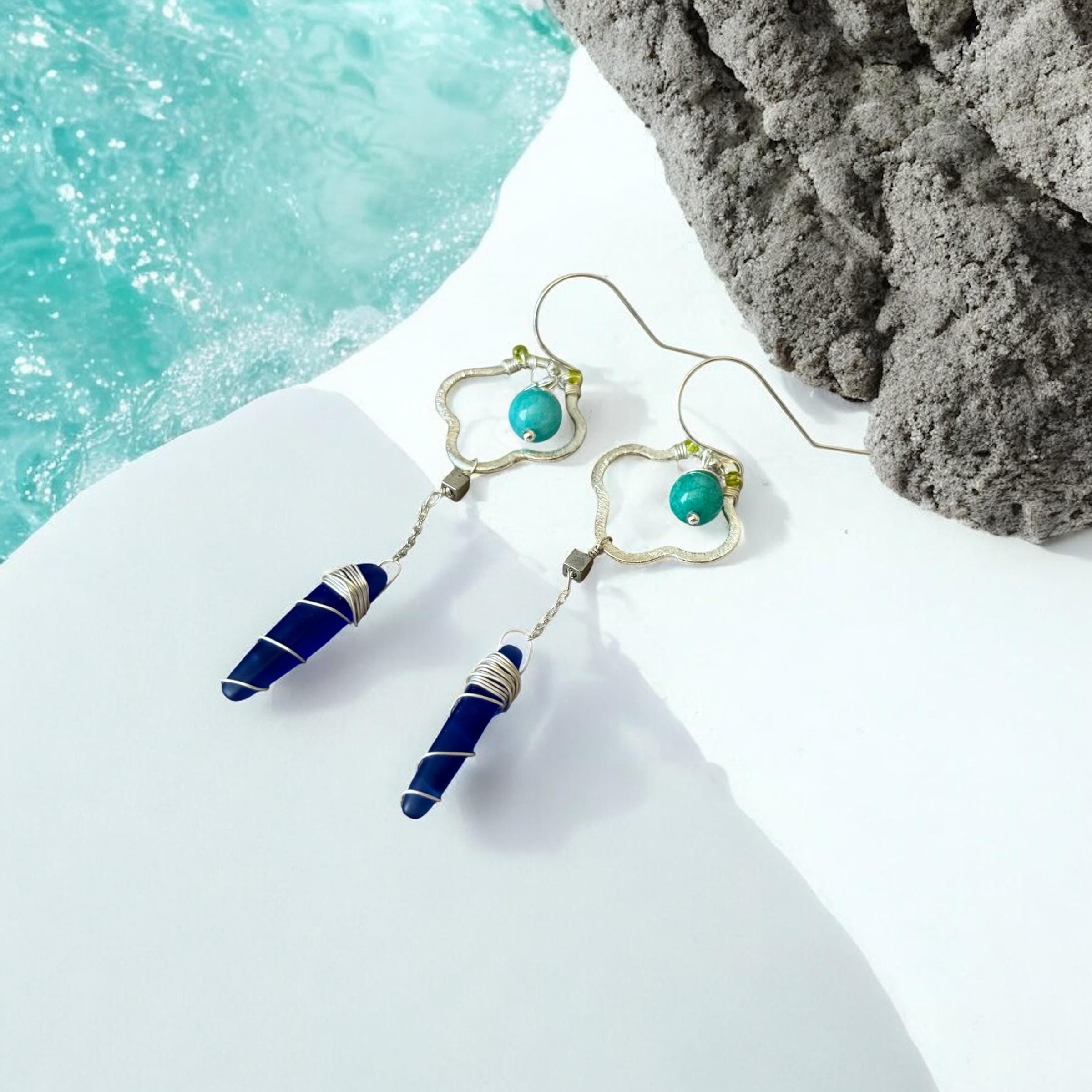 Sapphire Sea Glass Spire Drop Earrings