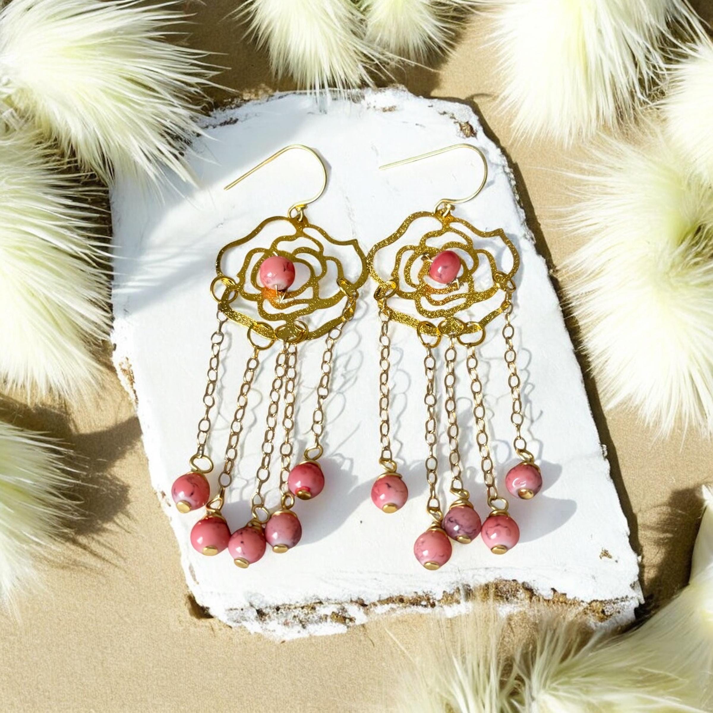 Rosé Dangles – Luxe Gold & Pink Chain Statement Earrings