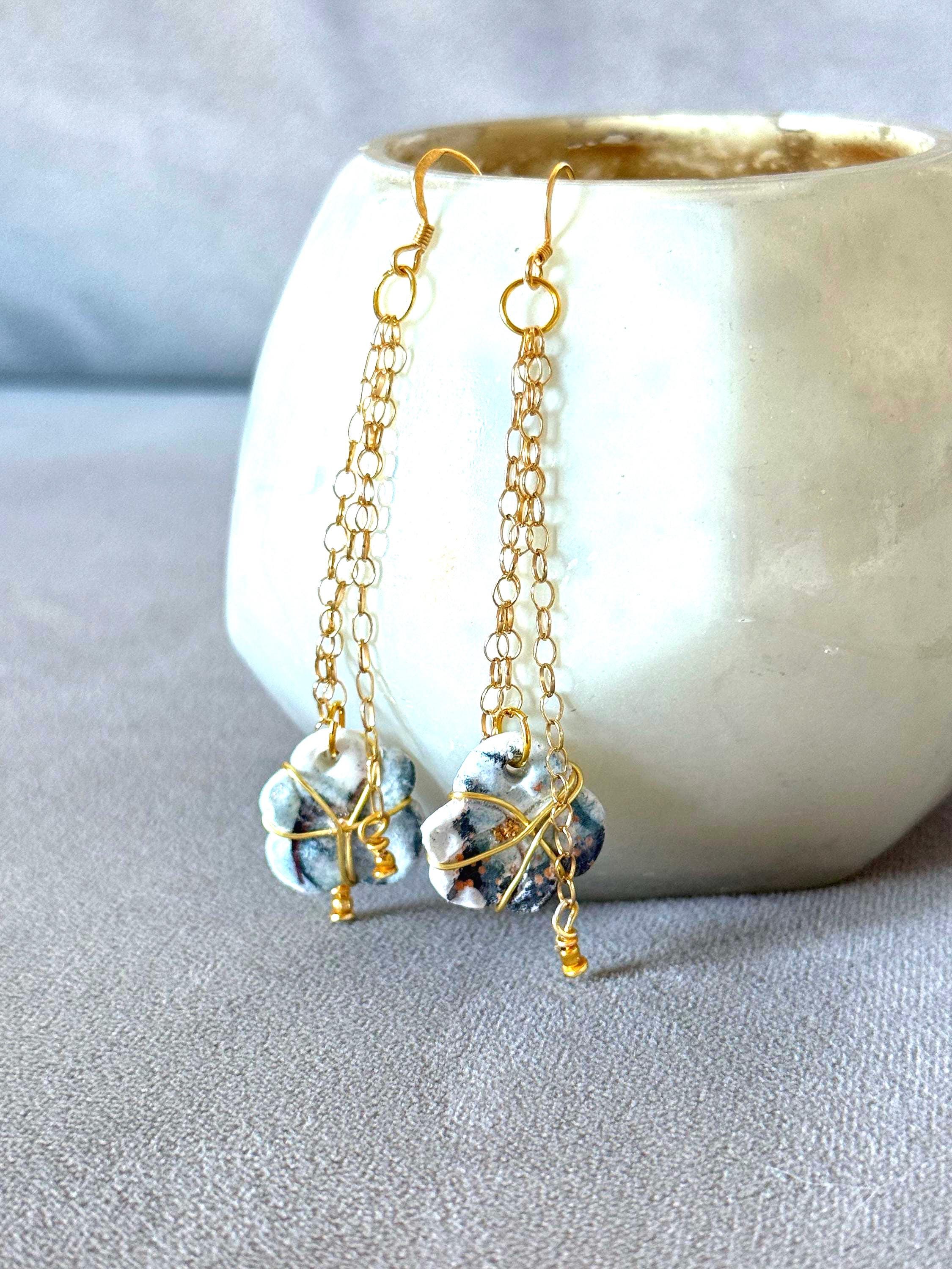 White, Blue & Gold Ceramic Floral Drop Earrings