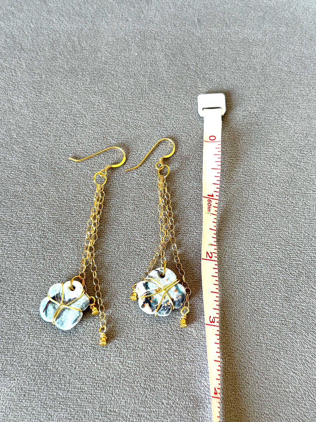 White, Blue & Gold Ceramic Floral Drop Earrings