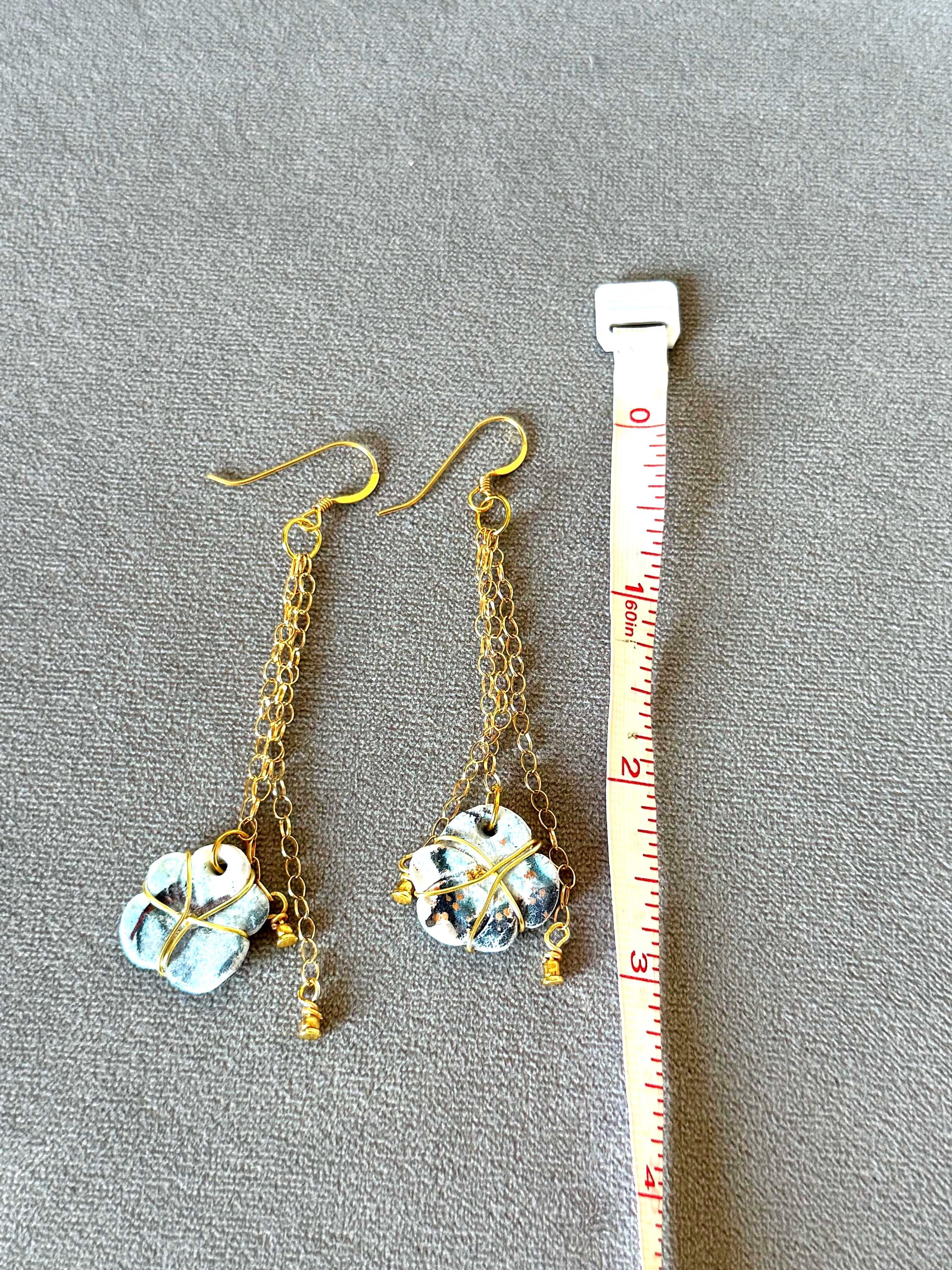 White, Blue & Gold Ceramic Floral Drop Earrings