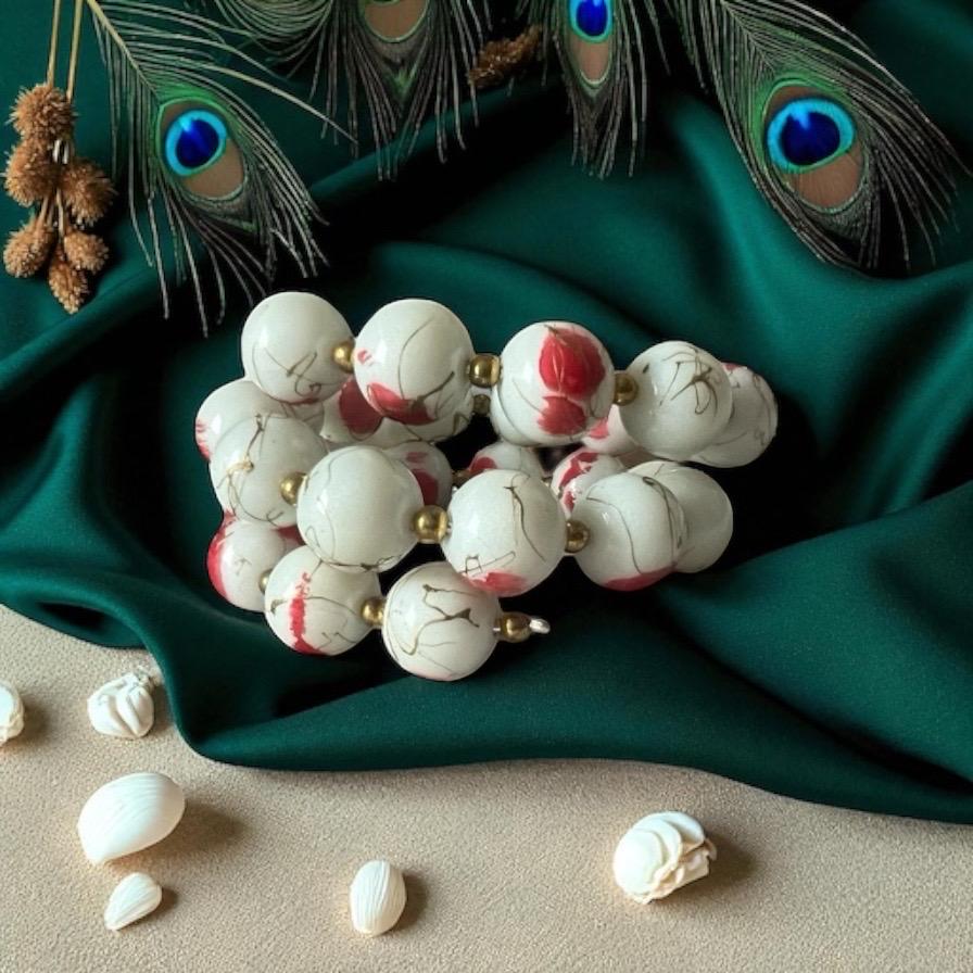 Bold Red & White Marbled Bead Stretch Bracelet with Gold Accents