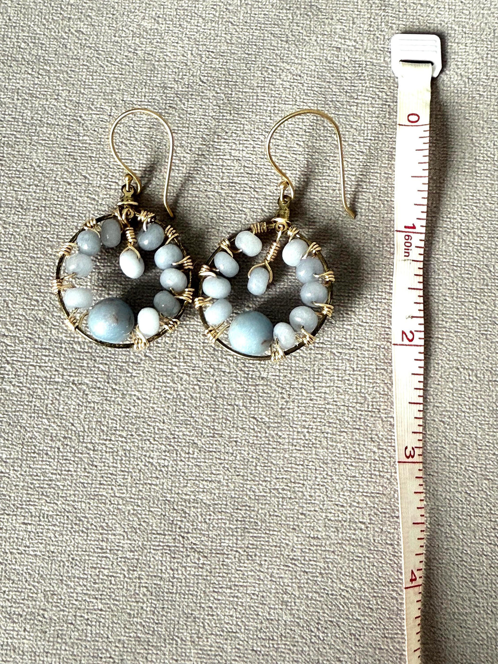 Gold Hoop Earrings with Wire Wrapped Blue Stones