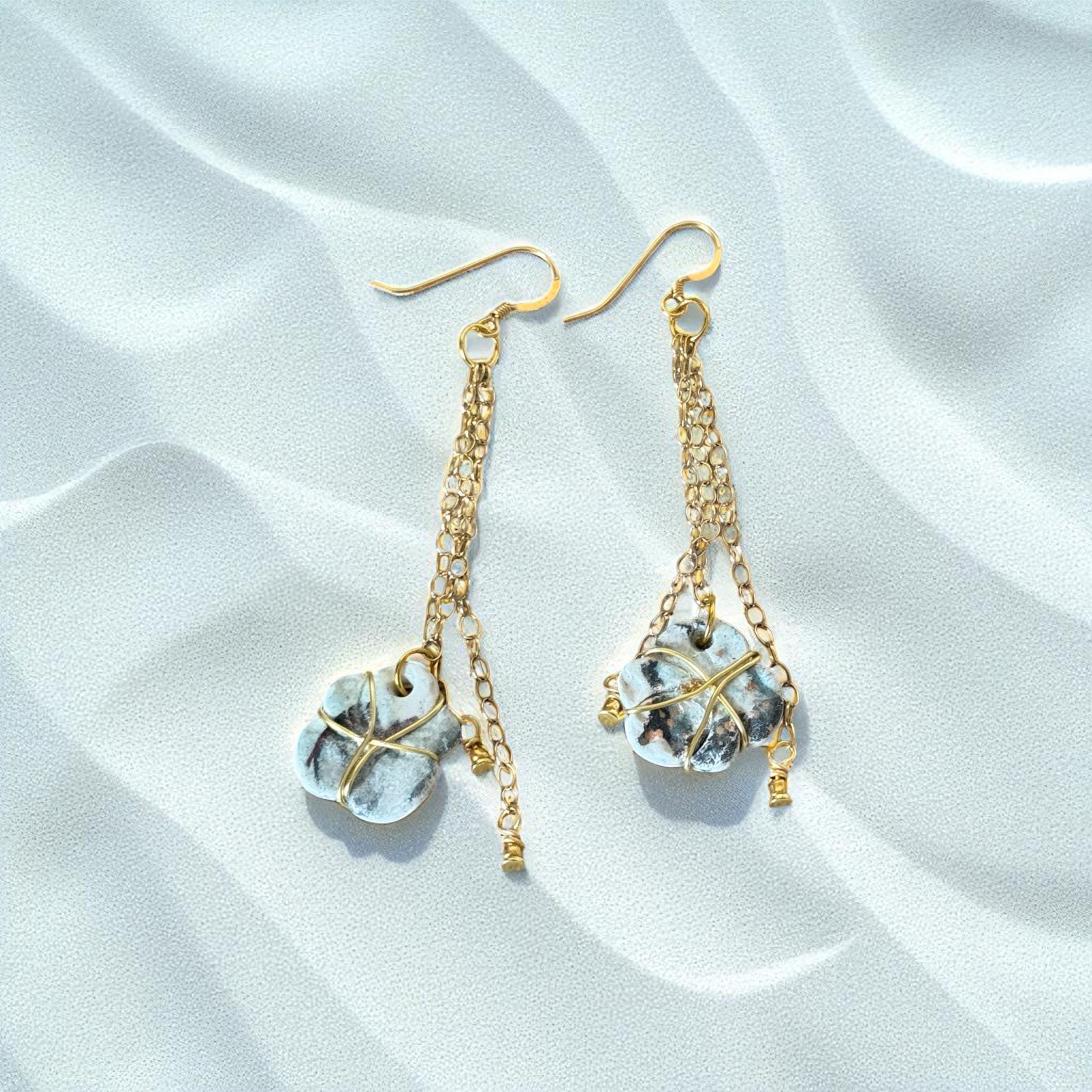 White, Blue & Gold Ceramic Floral Drop Earrings