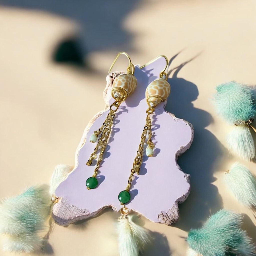 Desert Mermaid Drops – Shell & Gold Chain Earrings with Jade Charms