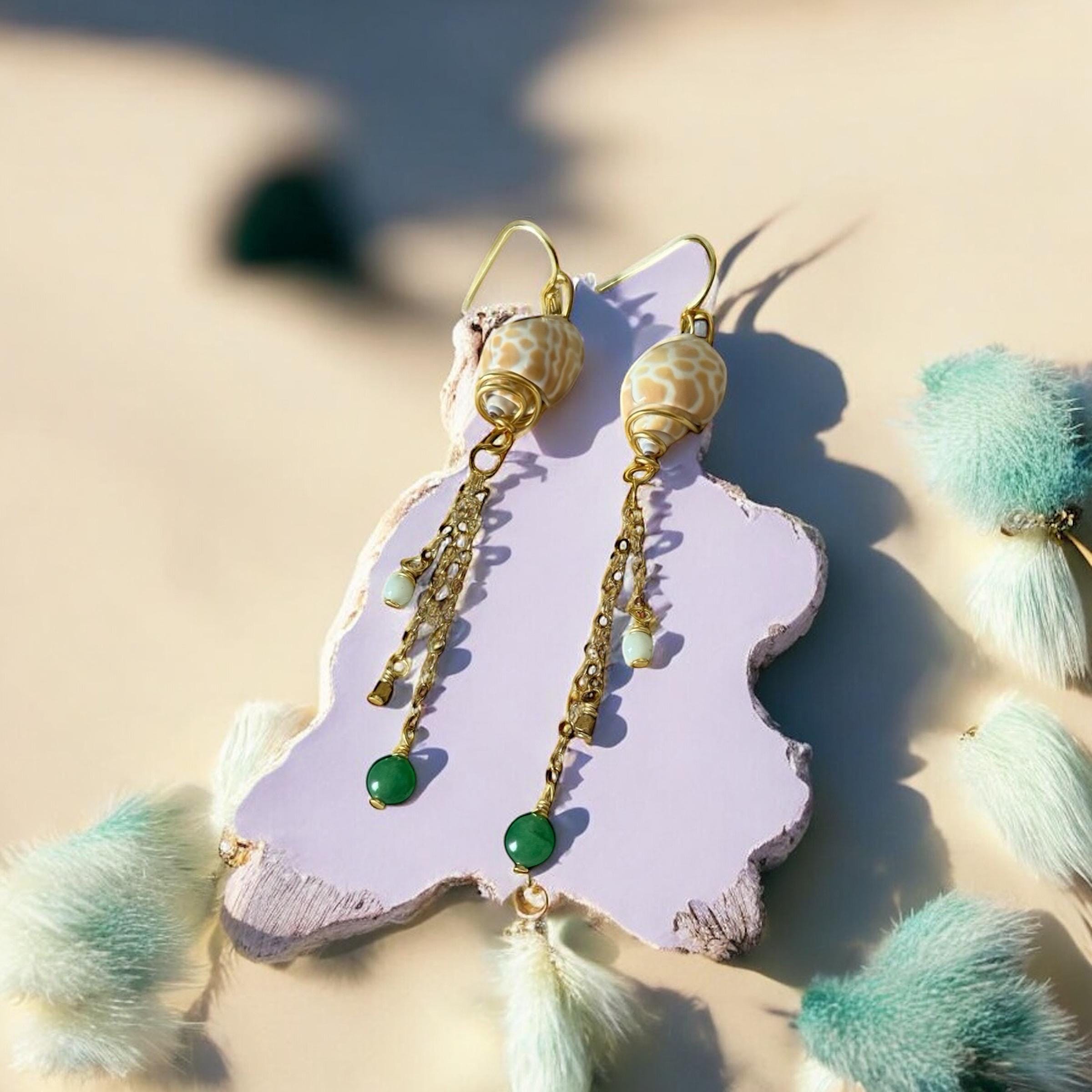 Desert Mermaid Drops – Shell & Gold Chain Earrings with Jade Charms