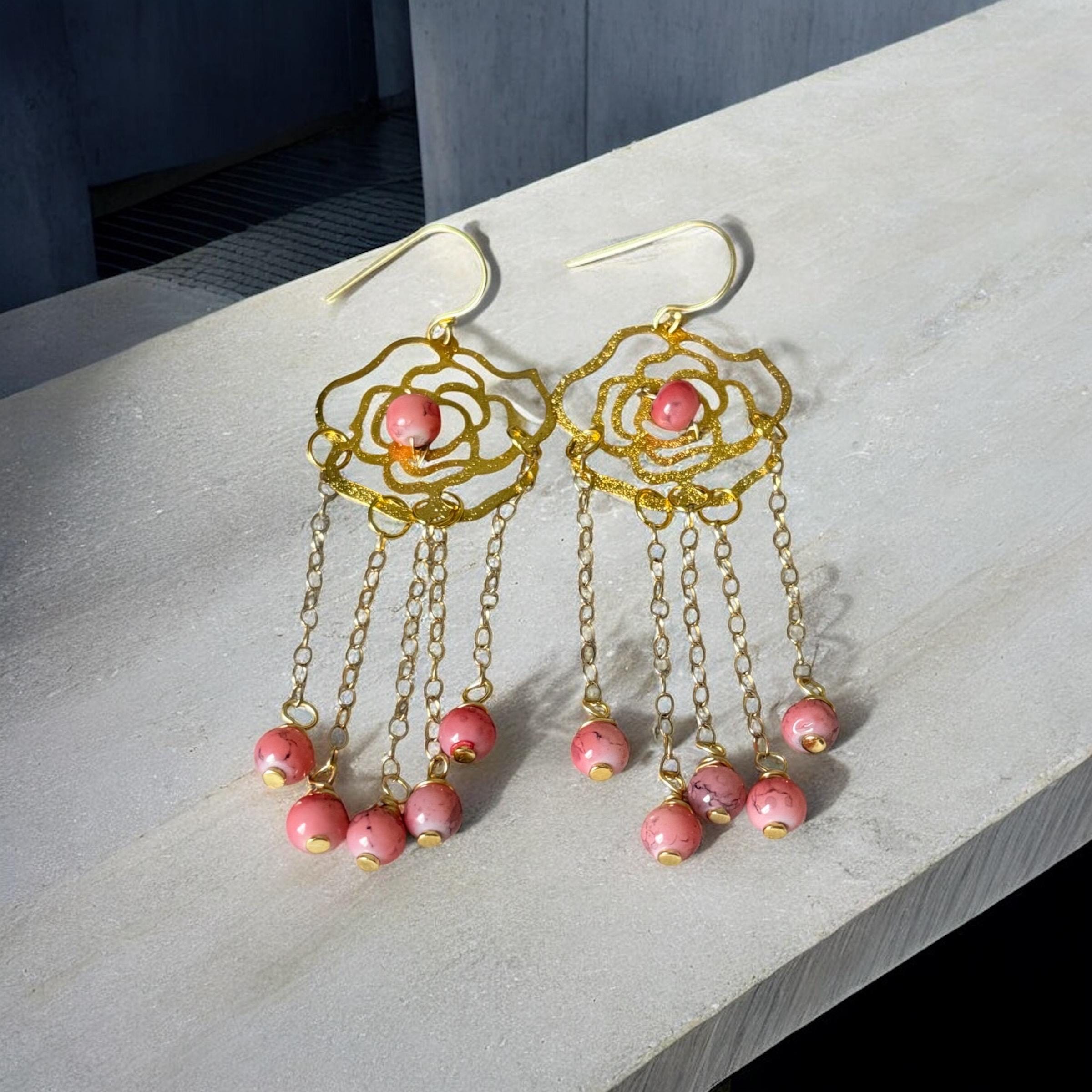 Rosé Dangles – Luxe Gold & Pink Chain Statement Earrings