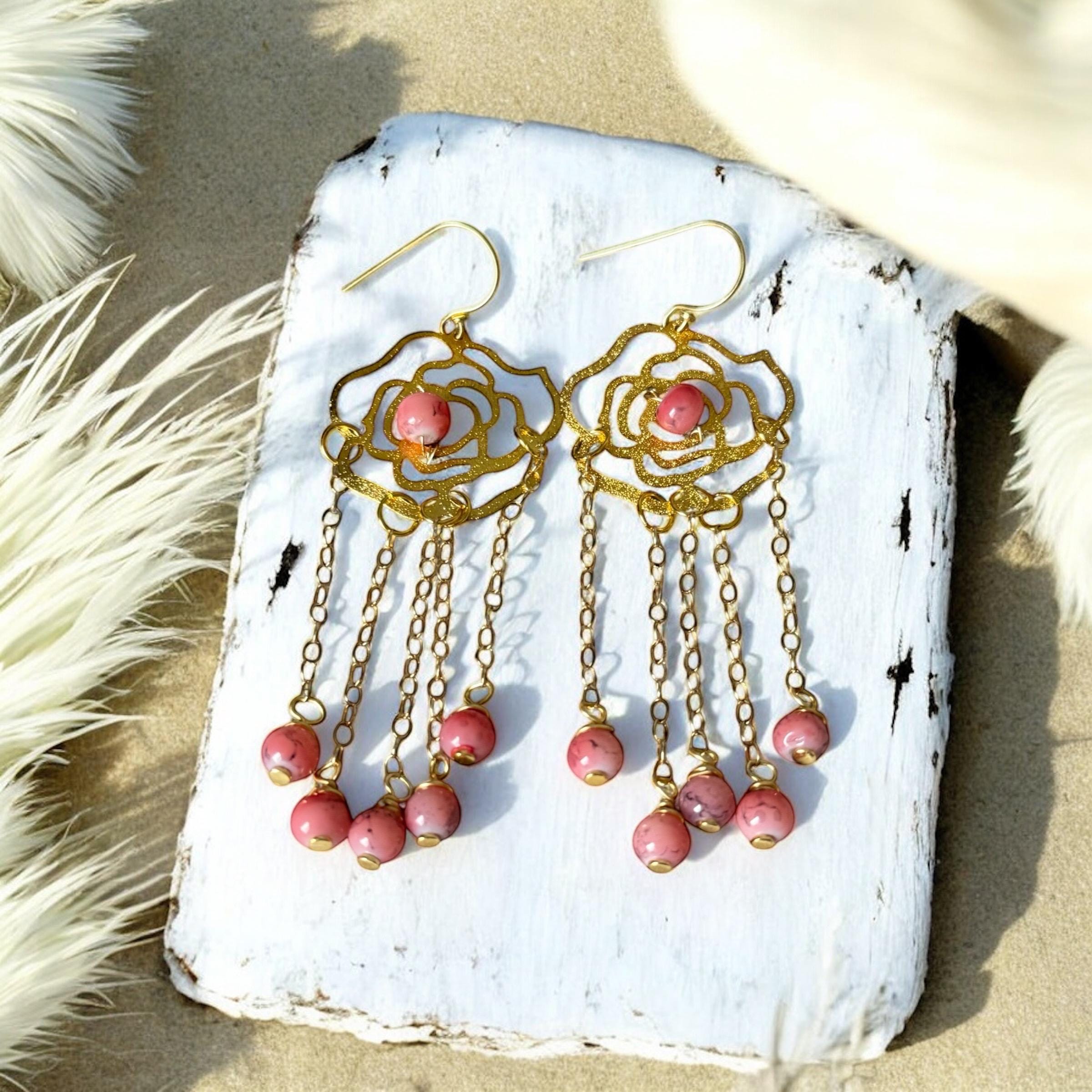 Rosé Dangles – Luxe Gold & Pink Chain Statement Earrings