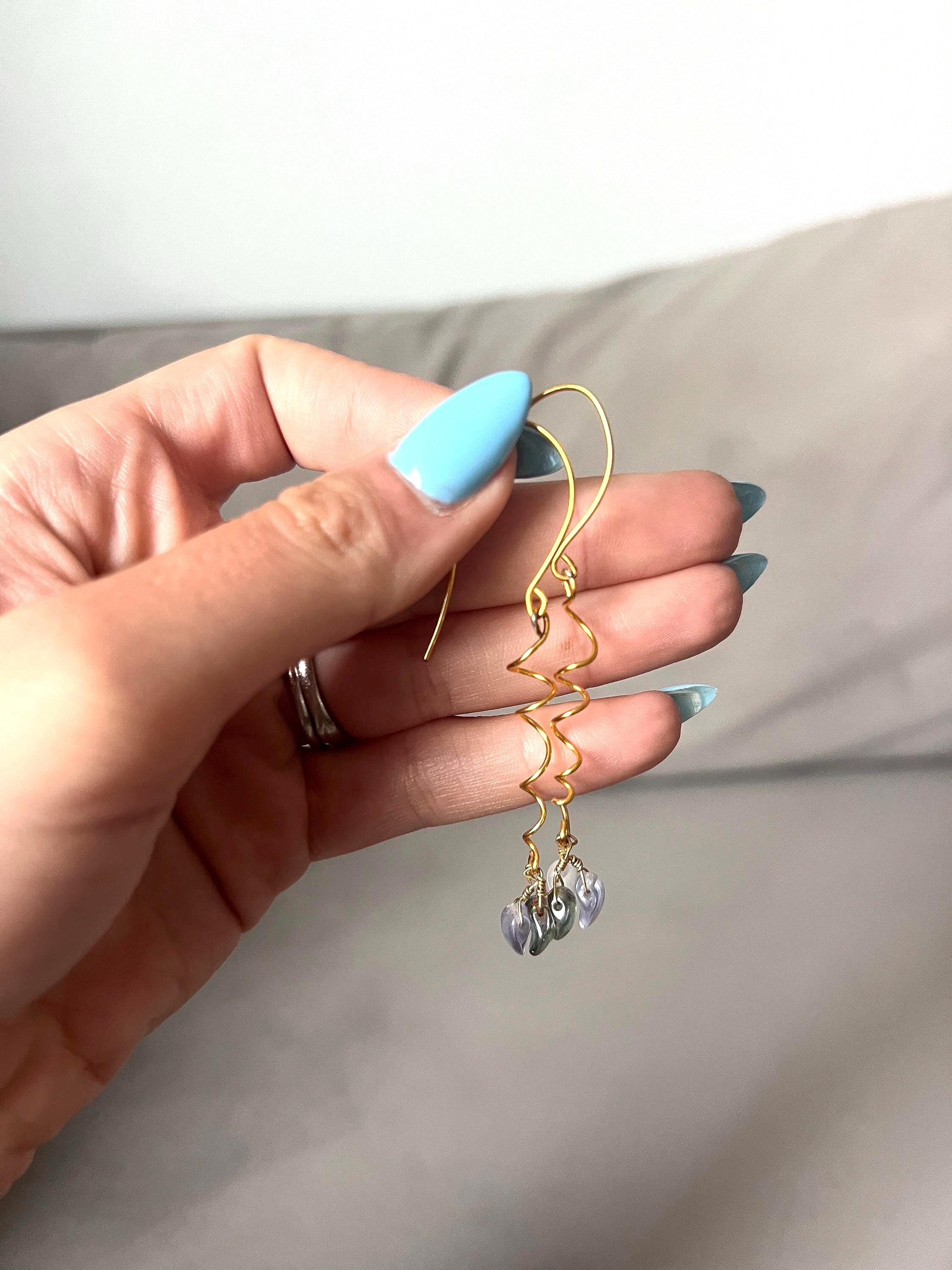 Gold Spiral Drop Earrings with Blue Crystal Clusters