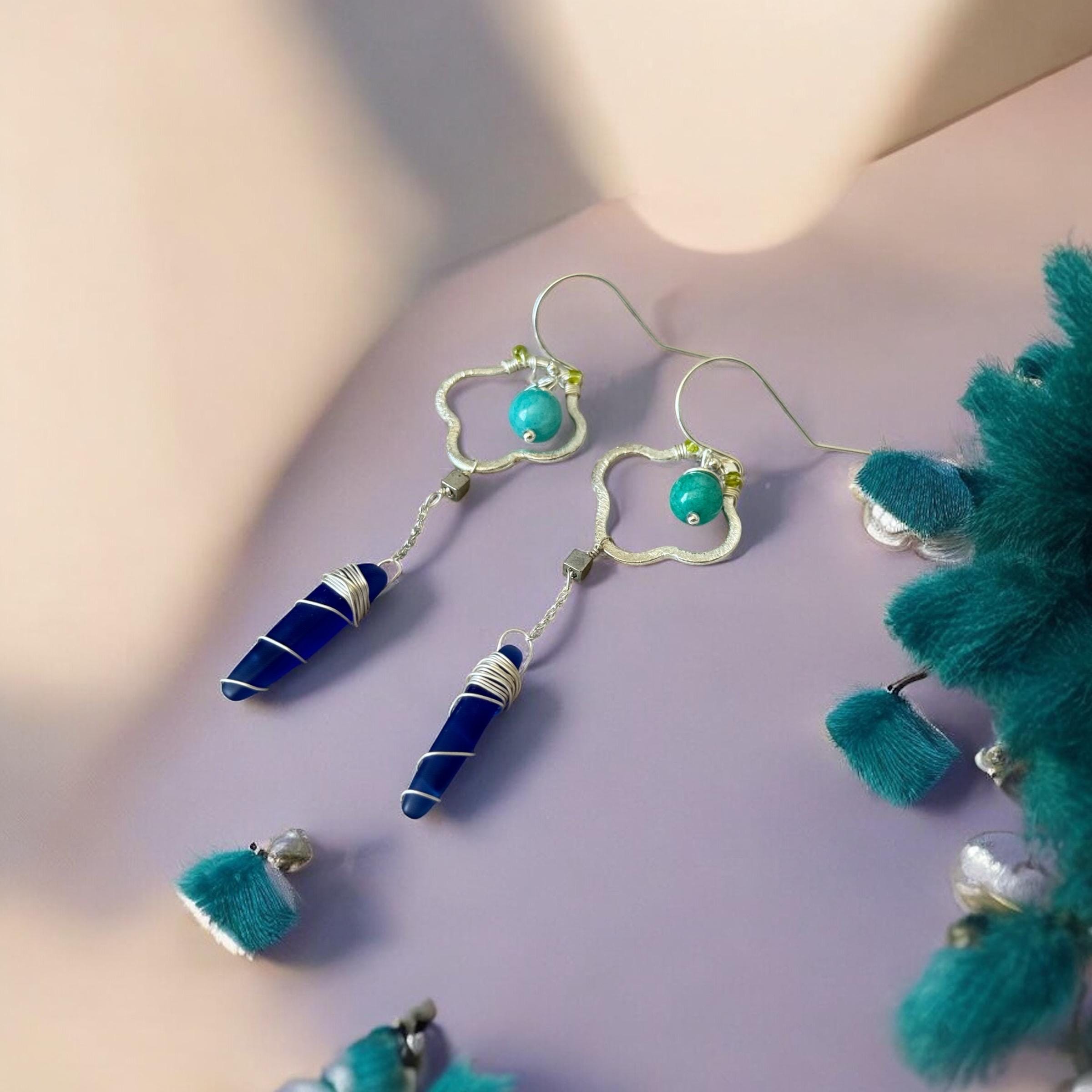 Sapphire Sea Glass Spire Drop Earrings