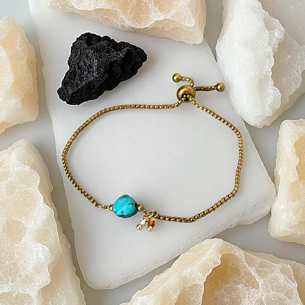 Gold Gemstone Bolo Chain Bracelet – Turquoise, Rose Quartz, or Red Jasper