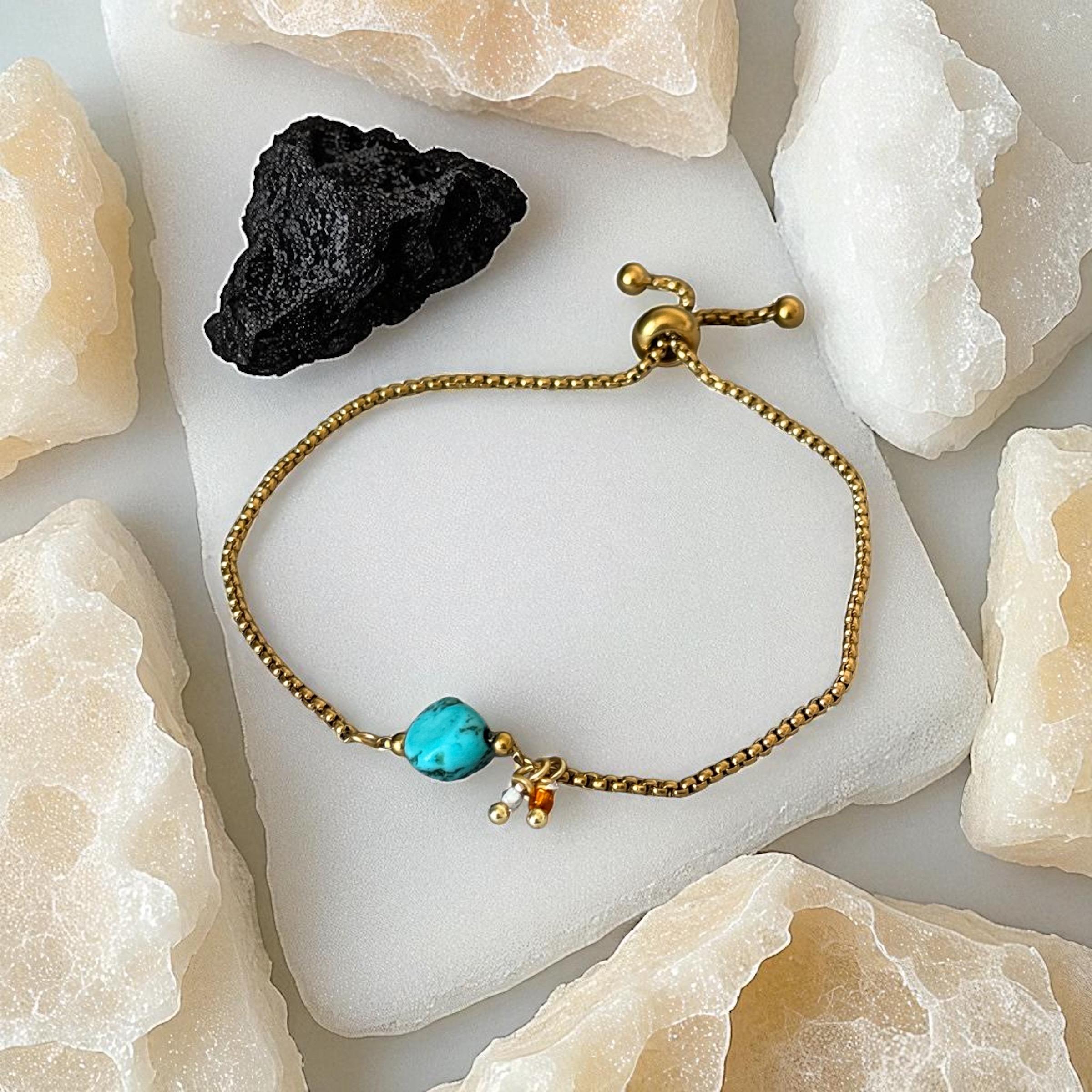 Gold Gemstone Bolo Chain Bracelet – Turquoise, Rose Quartz, or Red Jasper