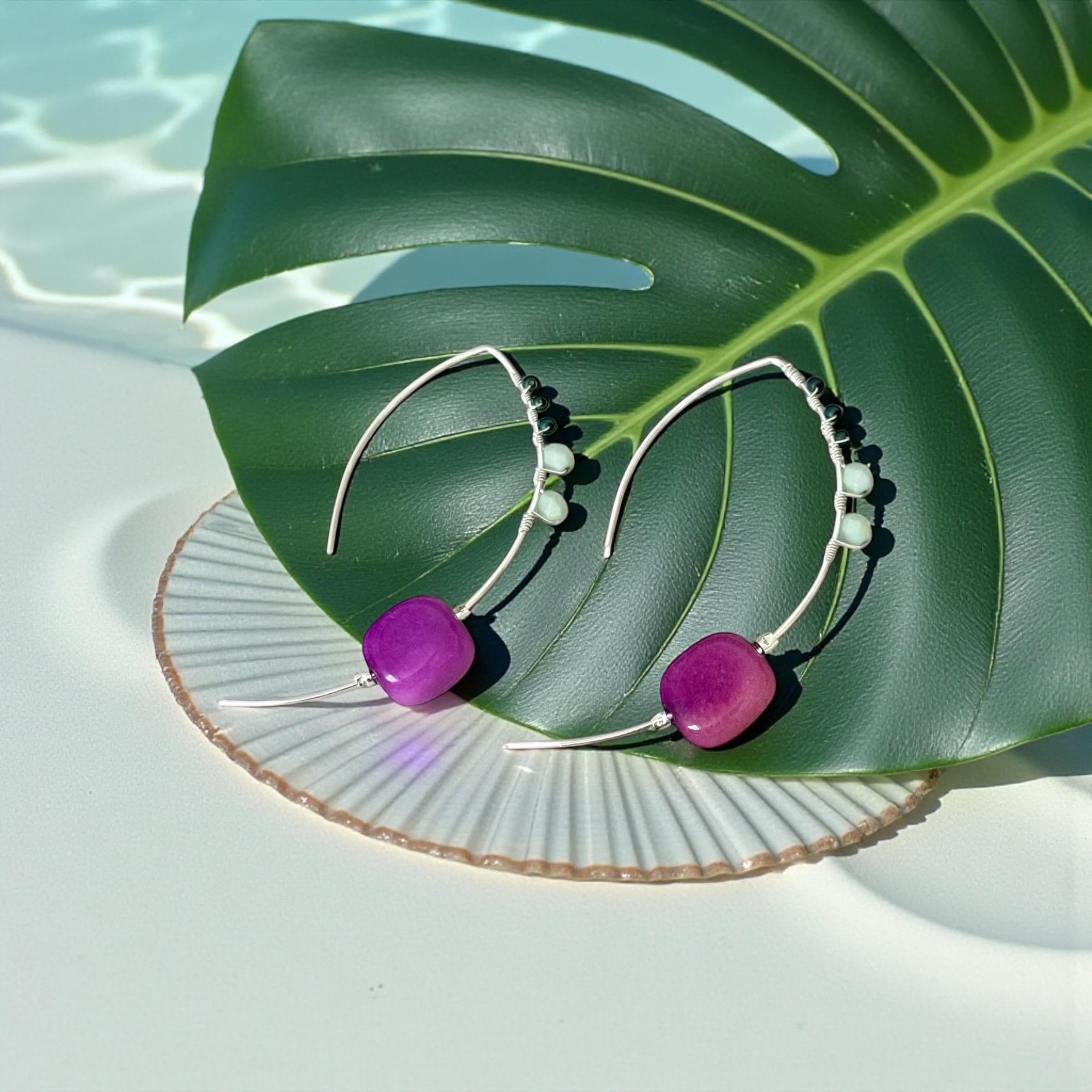 Violet Palm Arc Hoops Sterling Silver Earrings
