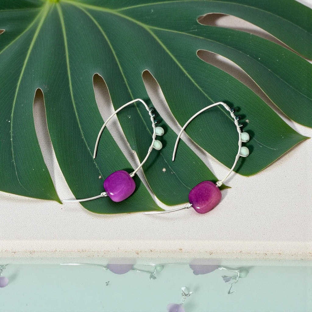Violet Palm Arc Hoops Sterling Silver Earrings