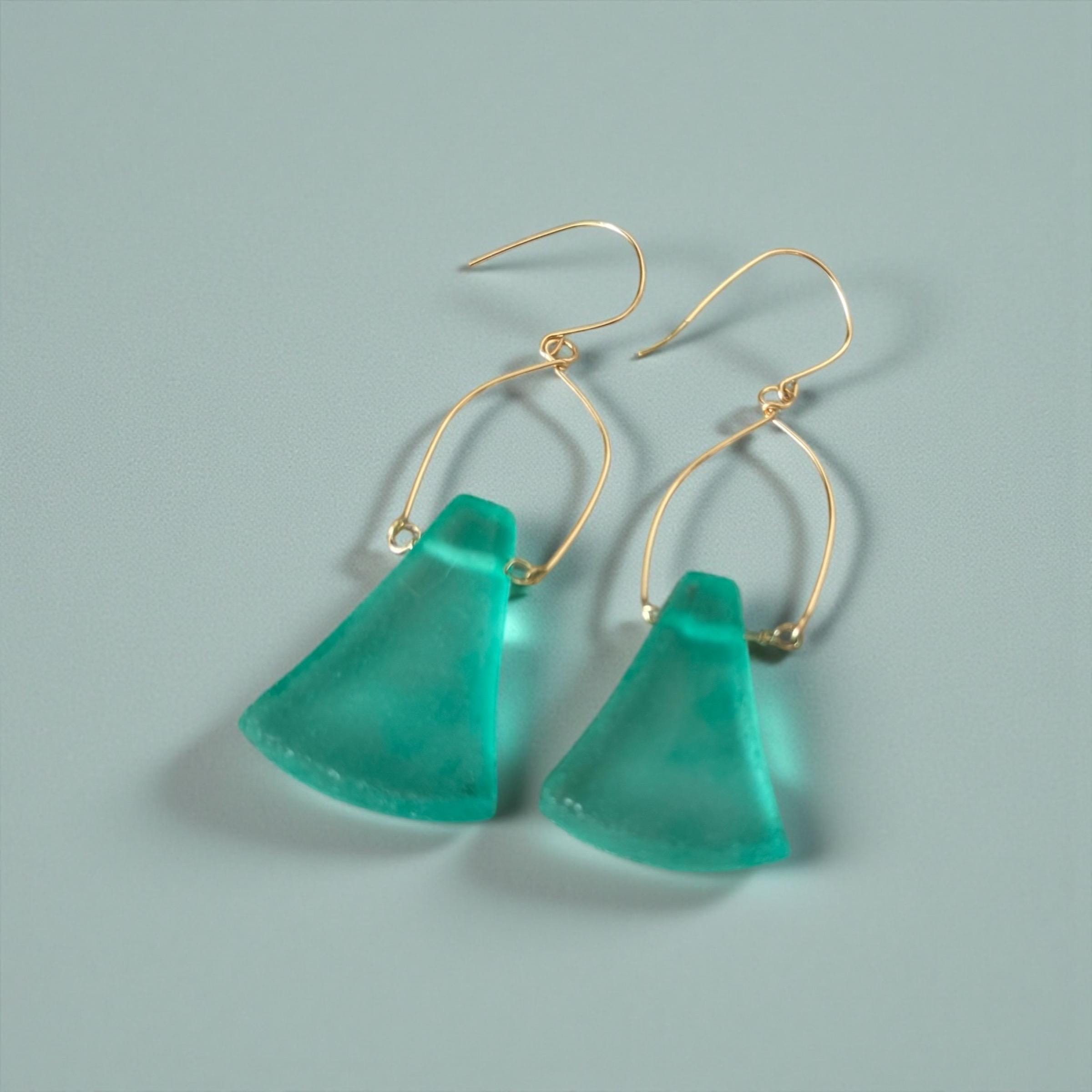Tidal Crest Sea Glass Earrings – Handmade Teal Sea Glass & Gold Boho Earrings