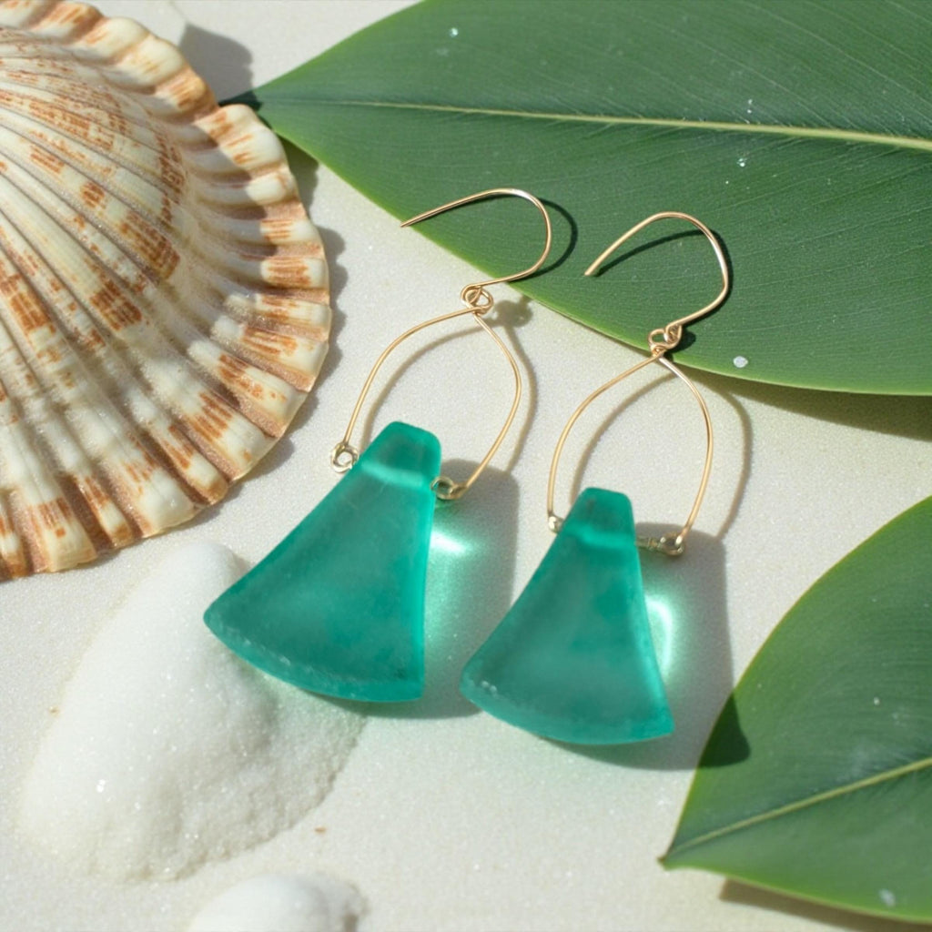 Tidal Crest Sea Glass Earrings – Handmade Teal Sea Glass & Gold Boho Earrings