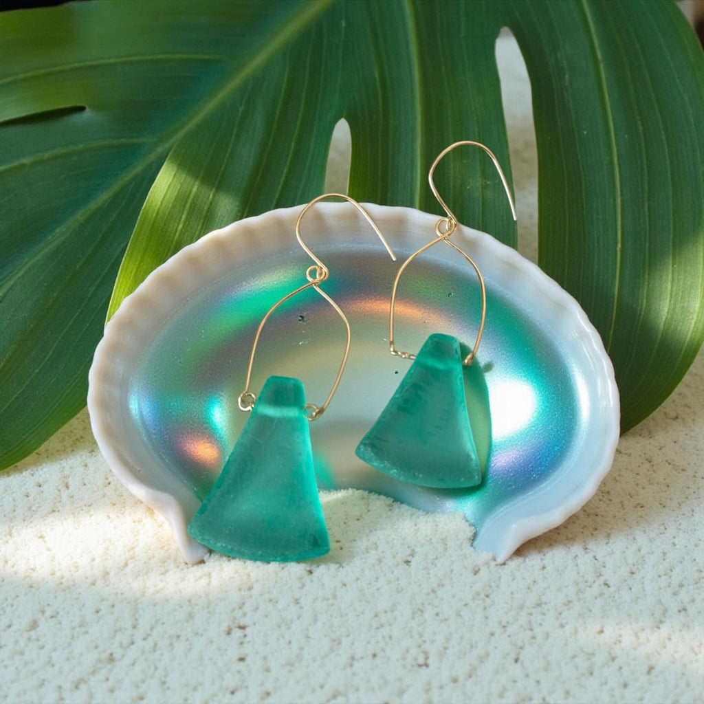 Tidal Crest Sea Glass Earrings – Handmade Teal Sea Glass & Gold Boho Earrings