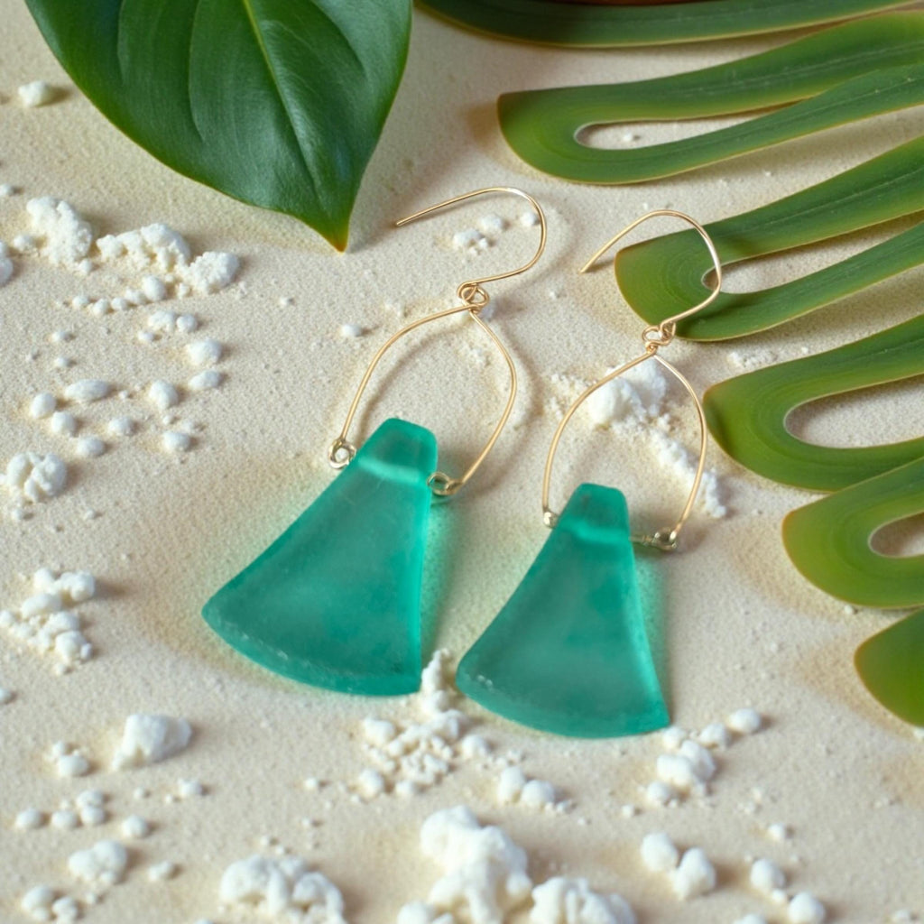 Tidal Crest Sea Glass Earrings – Handmade Teal Sea Glass & Gold Boho Earrings