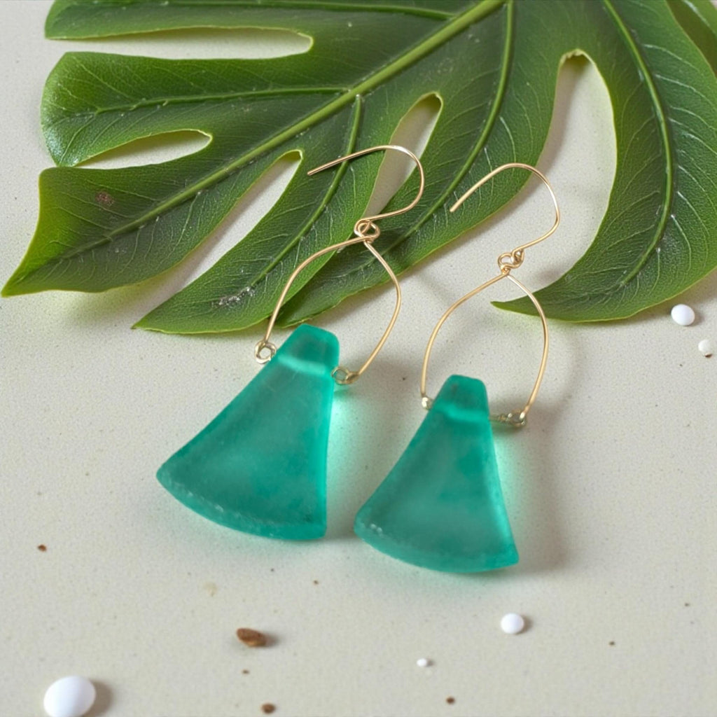 Tidal Crest Sea Glass Earrings – Handmade Teal Sea Glass & Gold Boho Earrings