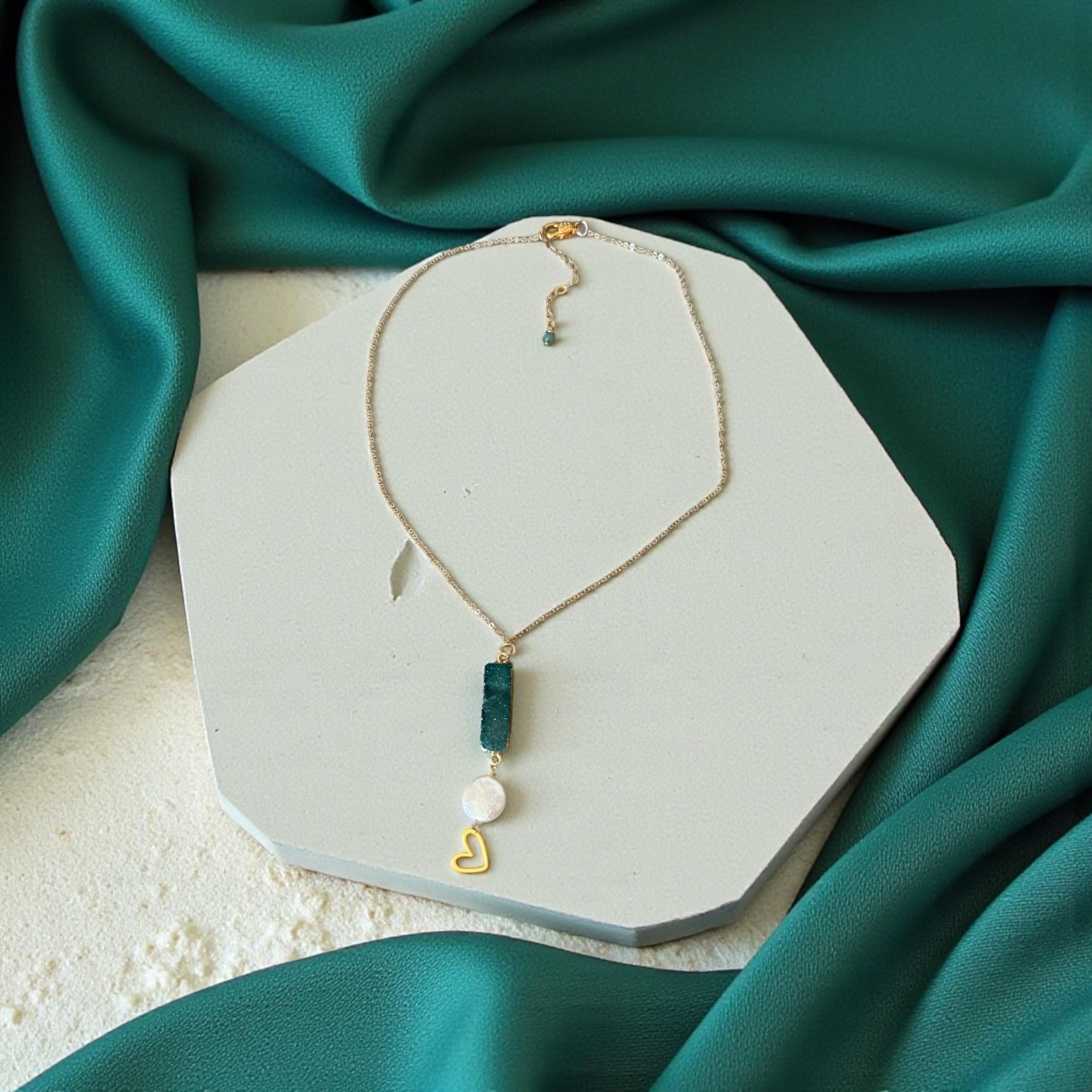 Heart of the Tide Pearl Pendant Necklace - Teal Druzy Quartz
