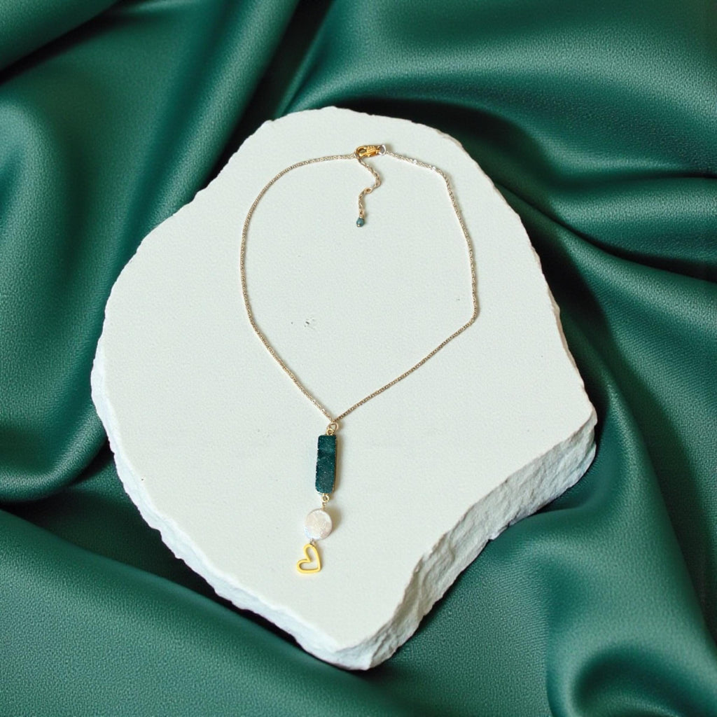 Heart of the Tide Pearl Pendant Necklace - Teal Druzy Quartz