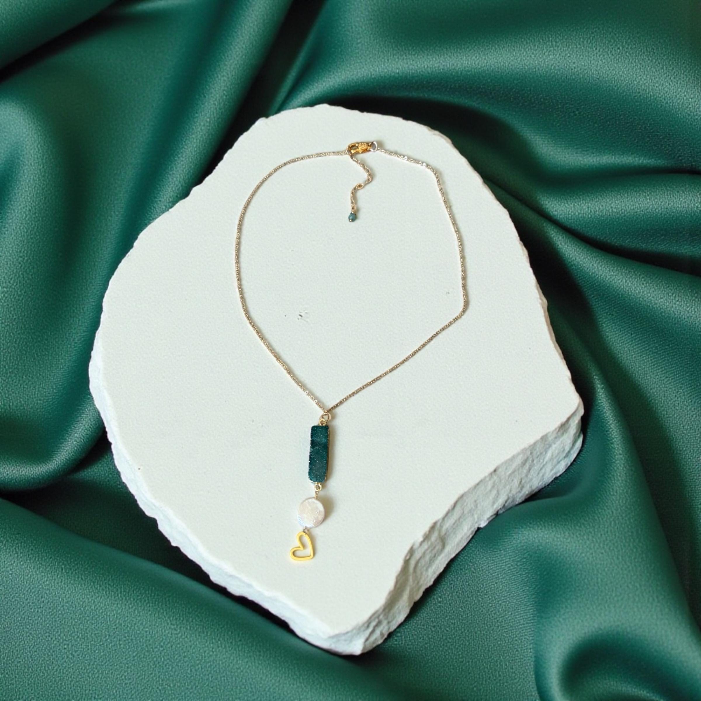 Heart of the Tide Pearl Pendant Necklace - Teal Druzy Quartz