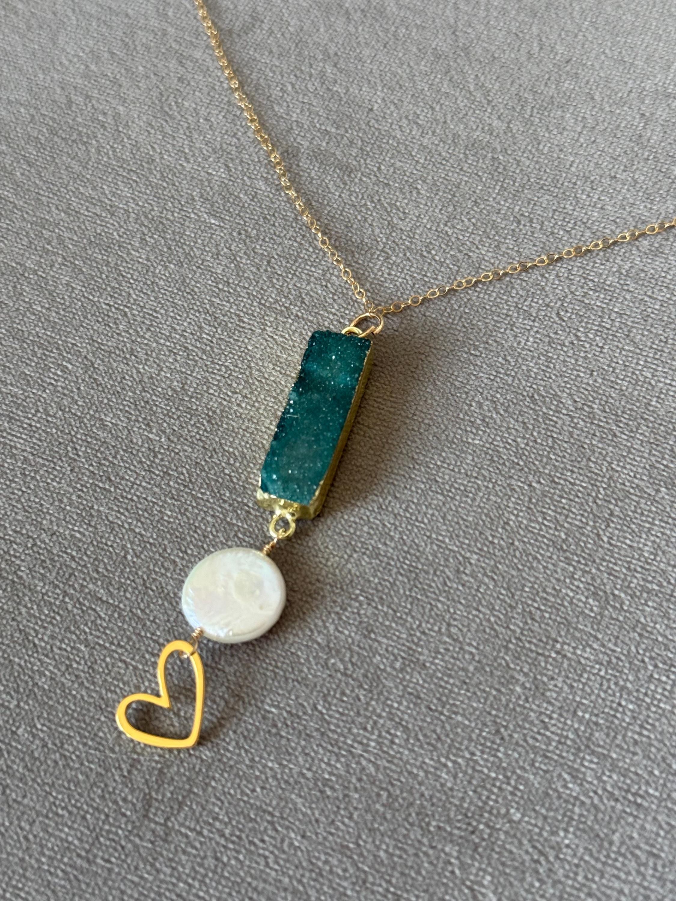 Heart of the Tide Pearl Pendant Necklace - Teal Druzy Quartz