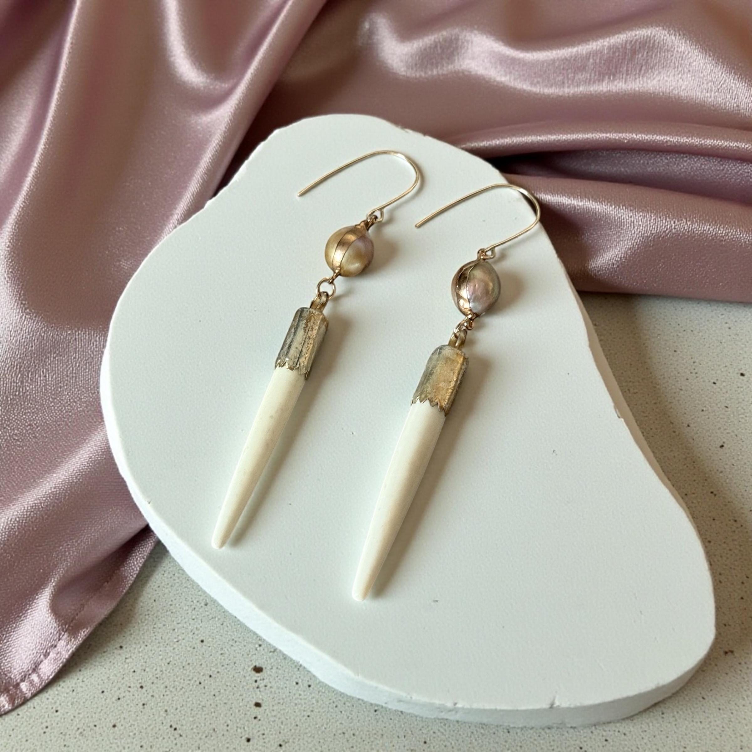 Ivory Fangand Pearl Drop Earrings