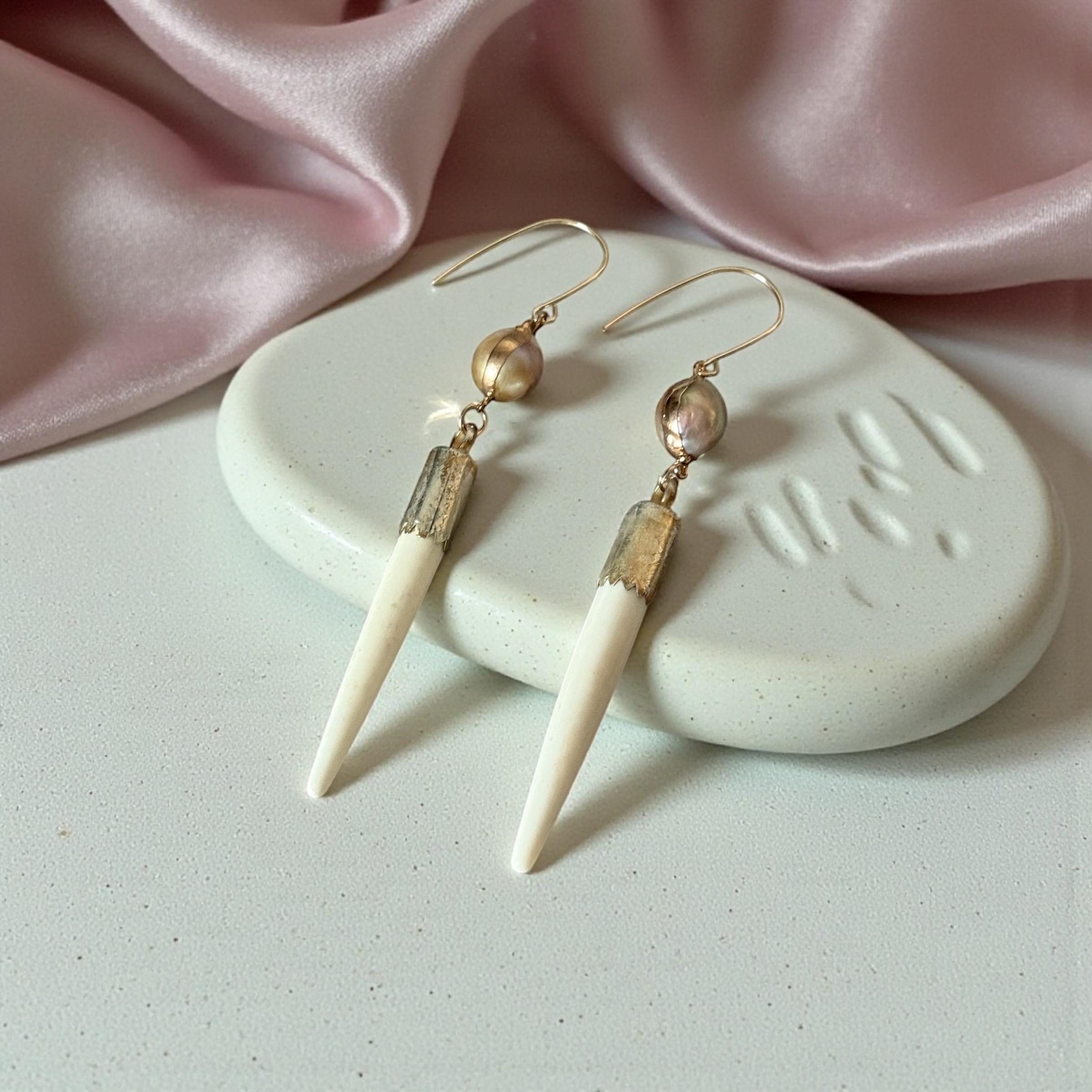 Ivory Fangand Pearl Drop Earrings