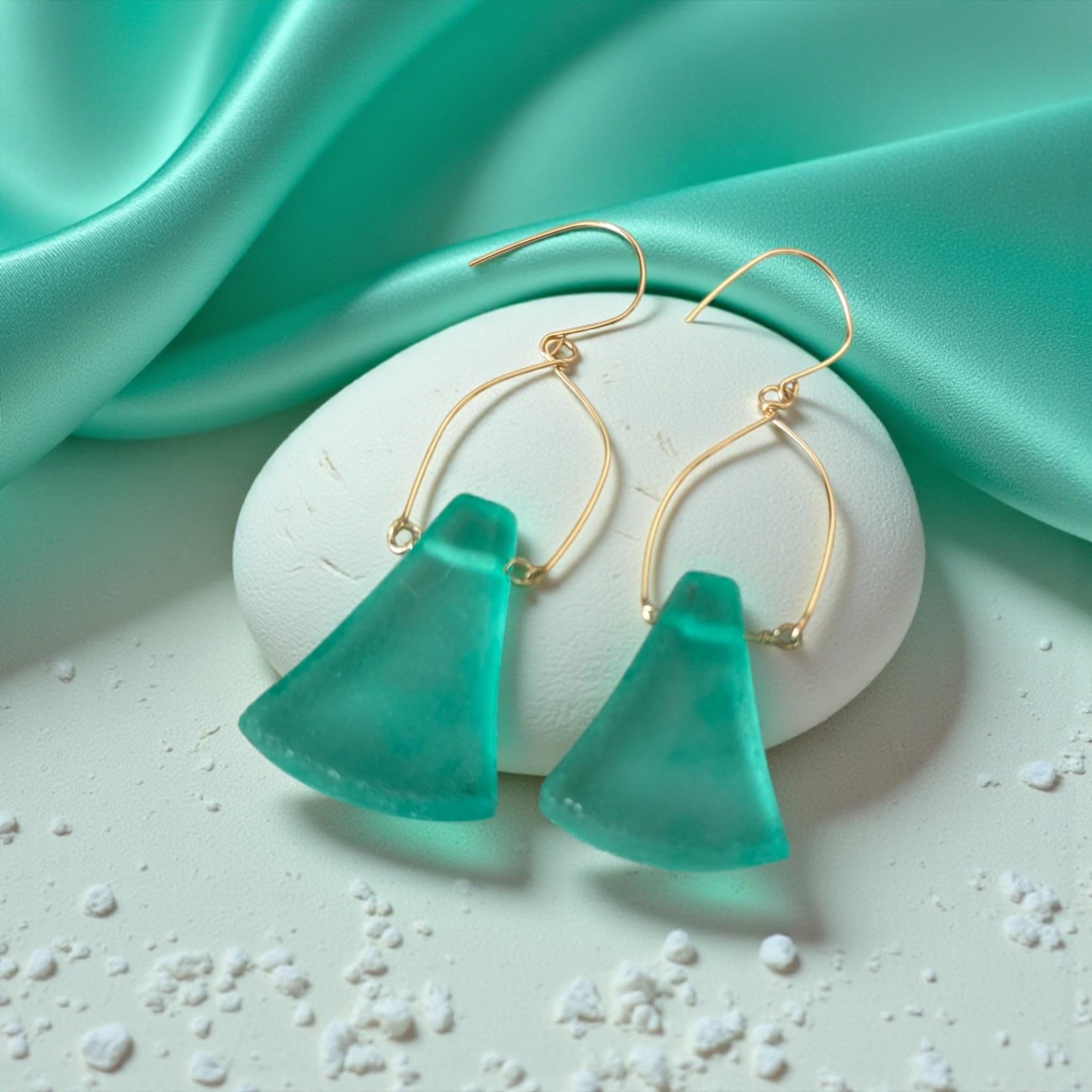 Tidal Crest Sea Glass Earrings – Handmade Teal Sea Glass & Gold Boho Earrings