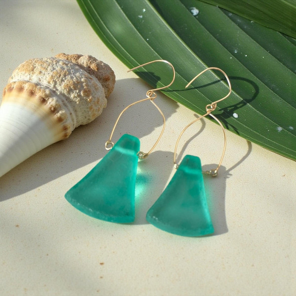 Tidal Crest Sea Glass Earrings – Handmade Teal Sea Glass & Gold Boho Earrings