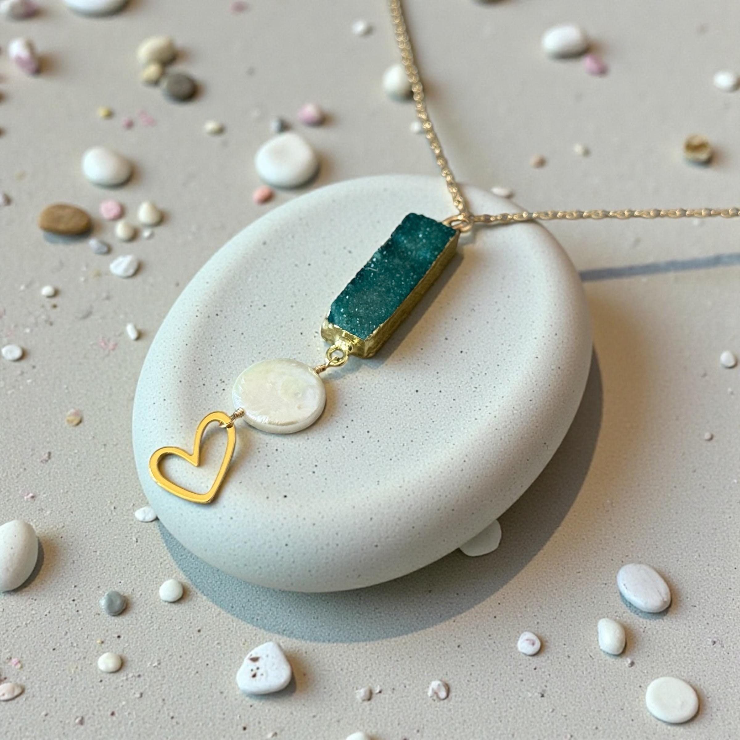 Heart of the Tide Pearl Pendant Necklace - Teal Druzy Quartz
