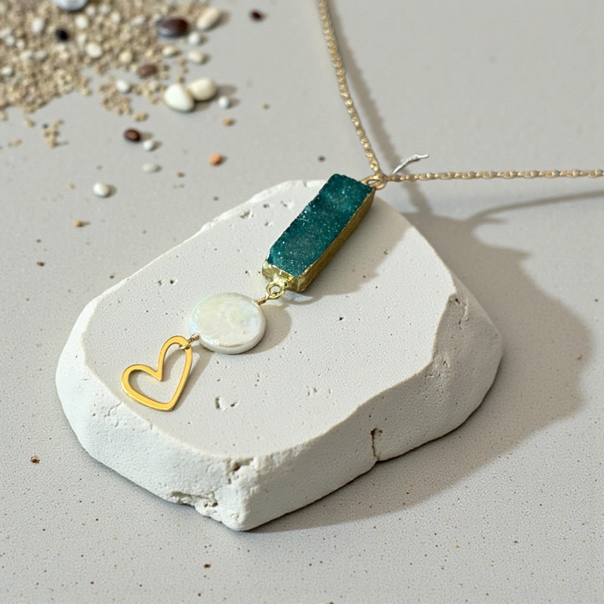 Heart of the Tide Pearl Pendant Necklace - Teal Druzy Quartz