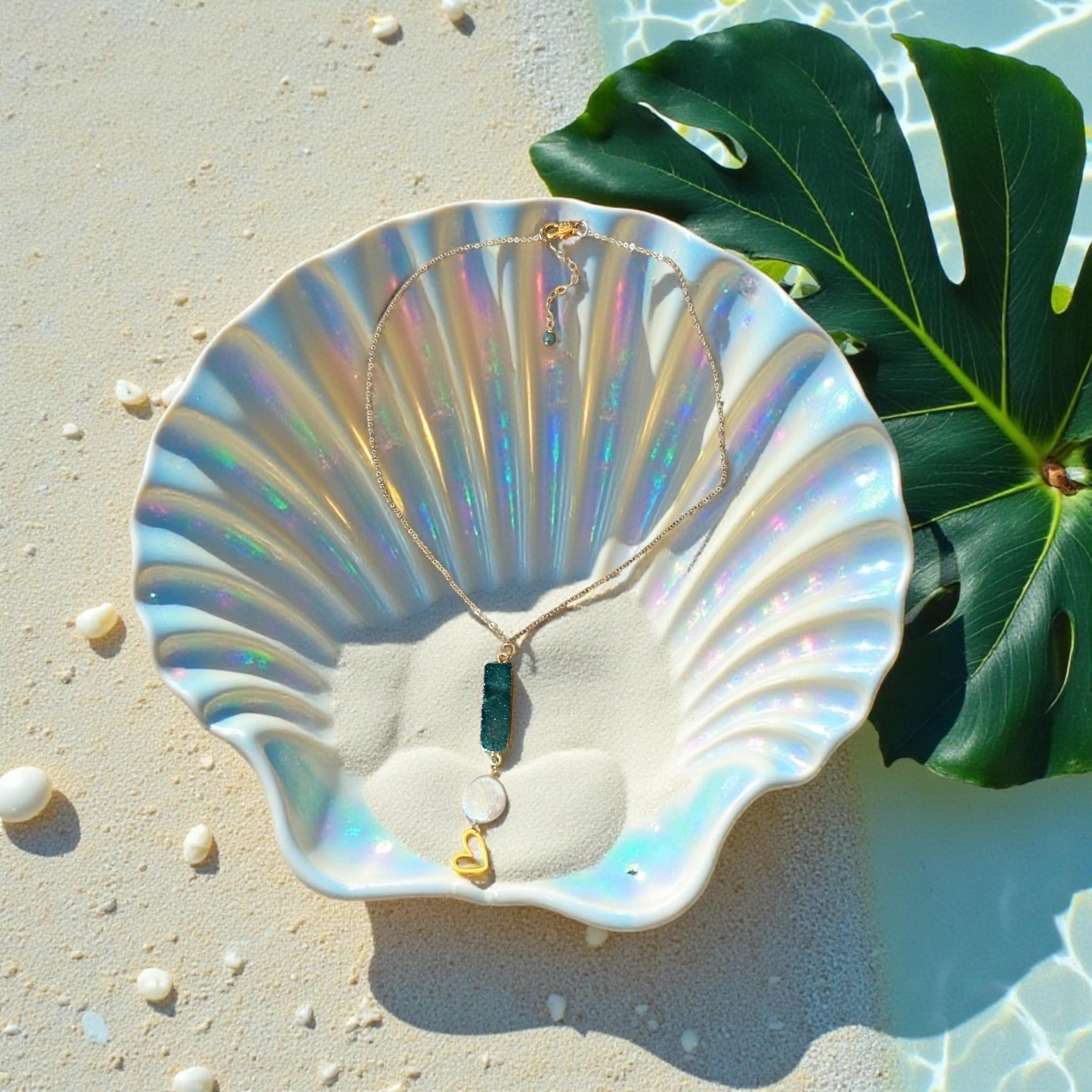 Heart of the Tide Pearl Pendant Necklace - Teal Druzy Quartz